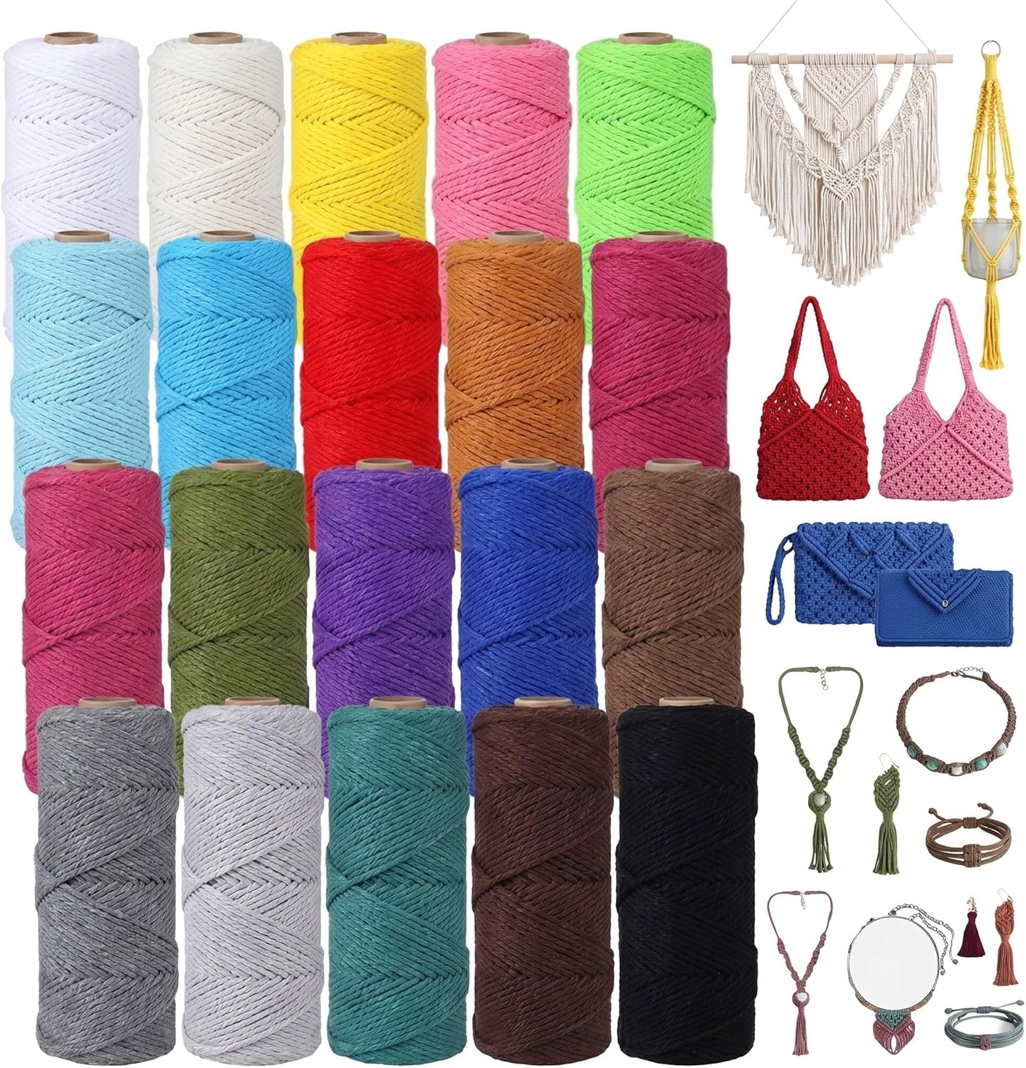 Timgle 20 Rolls Macrame Cord 3 mm x 875 Yards Cotton Macrame Rope 4 Strands Natural Twisted String Colored Yarn Supplies Bulk for Wall Hanging Plant Hangers Crafts(Candy Colors)