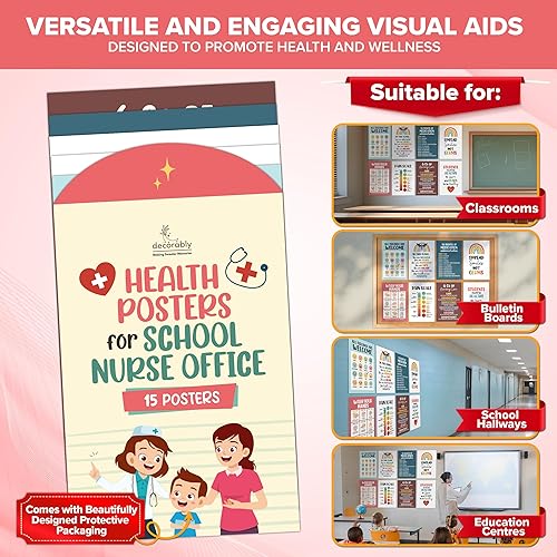 Miniatura 5 de Decorably 15 pósteres de salud para decoración de oficina de enfermera escolar, 11x17 pulgadas laminados mate, decoraciones educativas para oficina