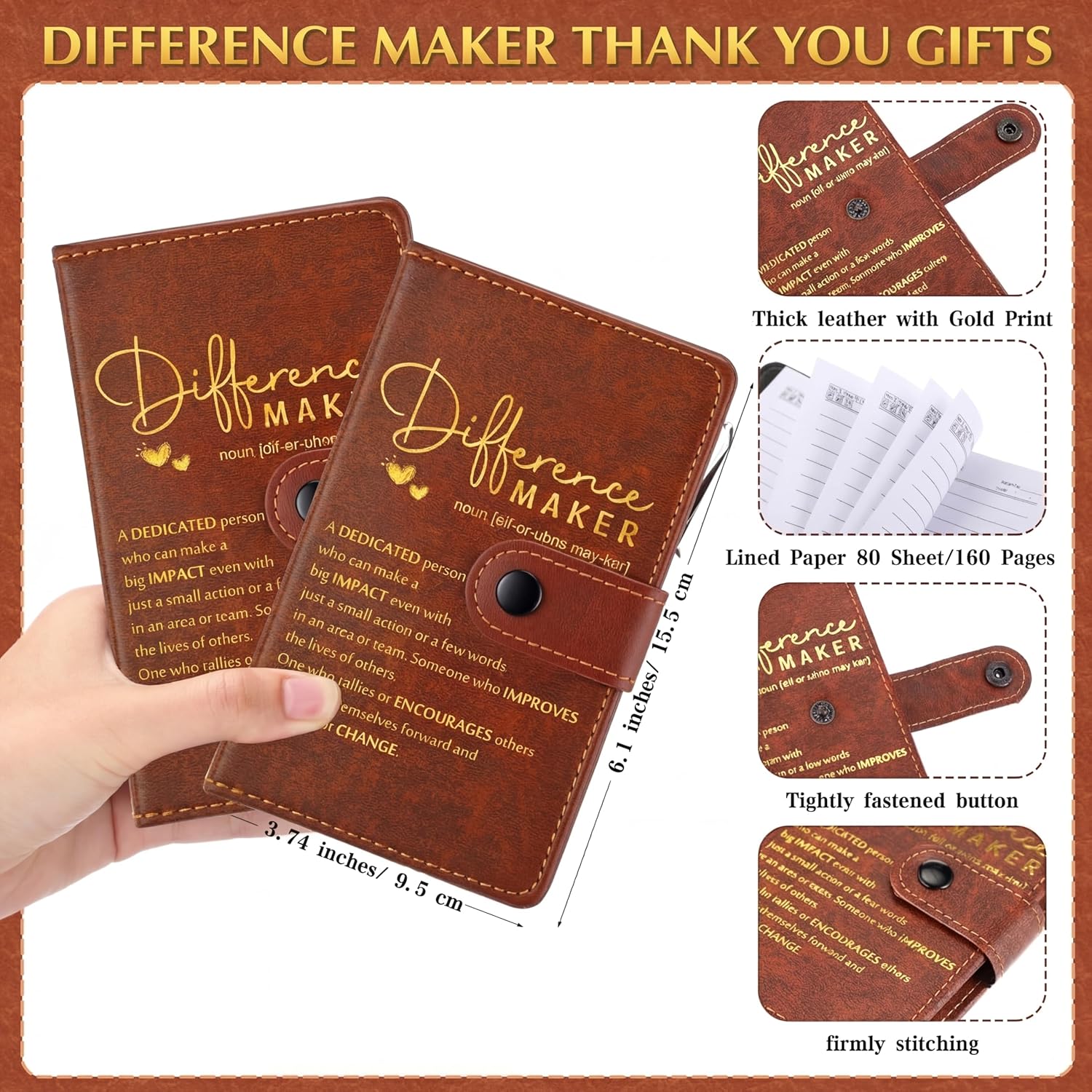 Marspark 30 Sets Difference Maker Employee Appreciation Gifts Inspirational A5 Leather Notebooks with Pens Thank You Motivational Gifts for Men Women Volunteers Teacher (Brown)