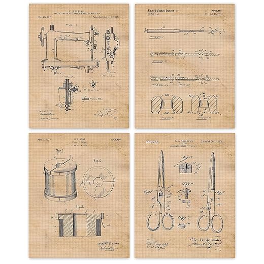 Vintage Sewing Machine Patent Prints, 4 (8x10) Unframed Photos, Wall Art Decor Gifts Under 20 for Home Craftsman Office Salon College Student Teacher School Fashion Design Hobby Craft Dress Tailor Fan