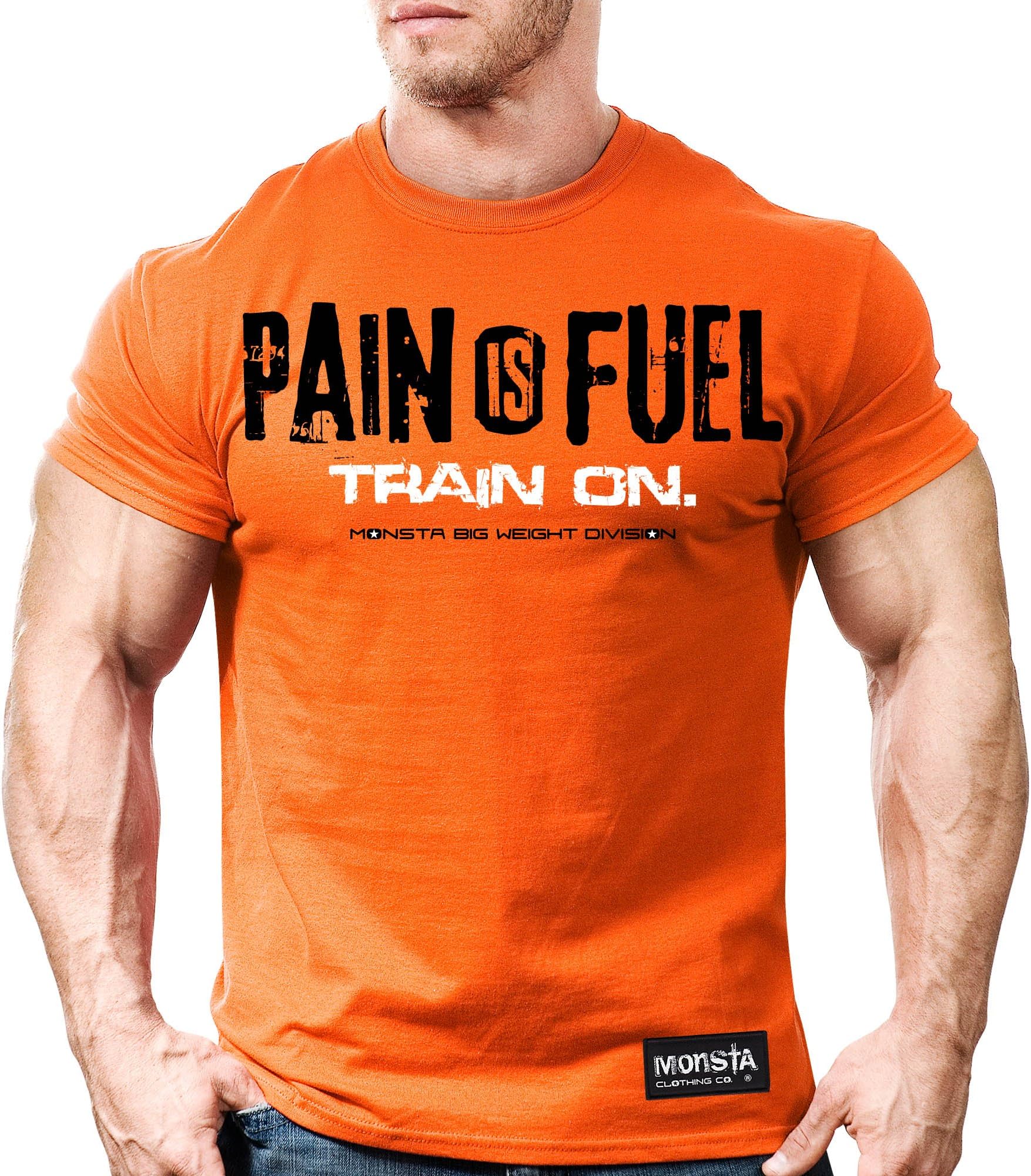 Monsta Clothing Co. Men's Pain is Fuel: Train On. T-shirt Medium Orange
