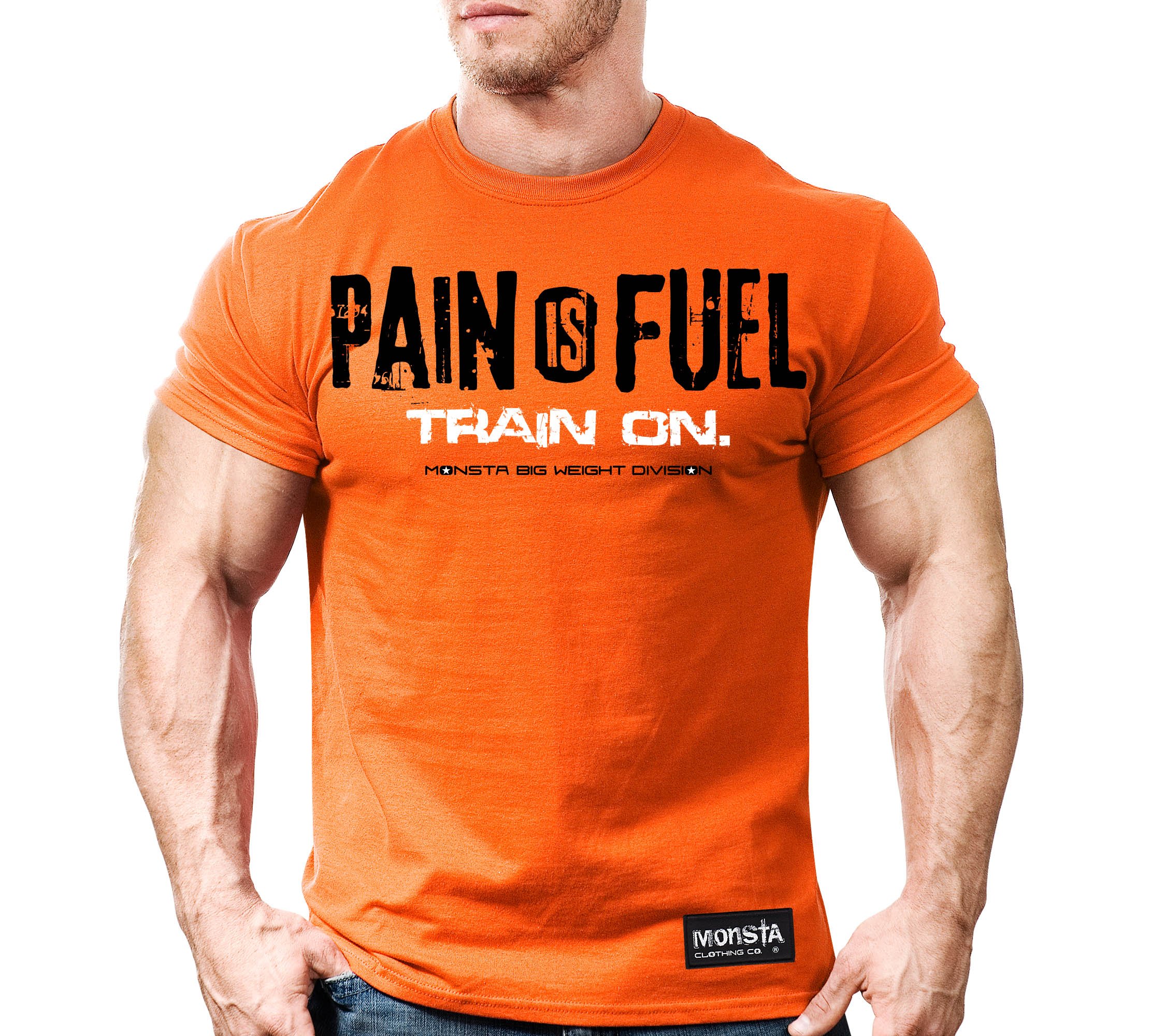 Monsta Clothing Co. Men's Pain is Fuel: Train On. T-shirt Medium Orange