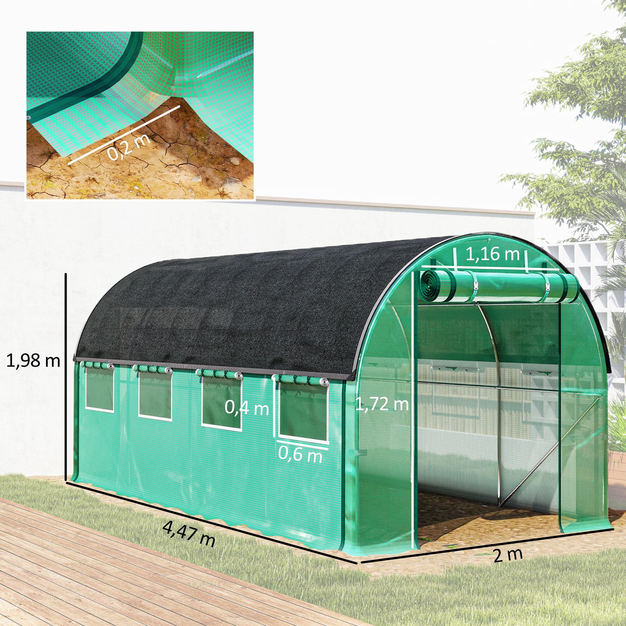 Outsunny Invernadero de Exterior 4,5x2x2 m con Cubierta Extra Túnel Verde | Paredes Laterales Enrollables, 8 Ventanas de Malla, Doble Puerta Enrollable, para Jardín Patio