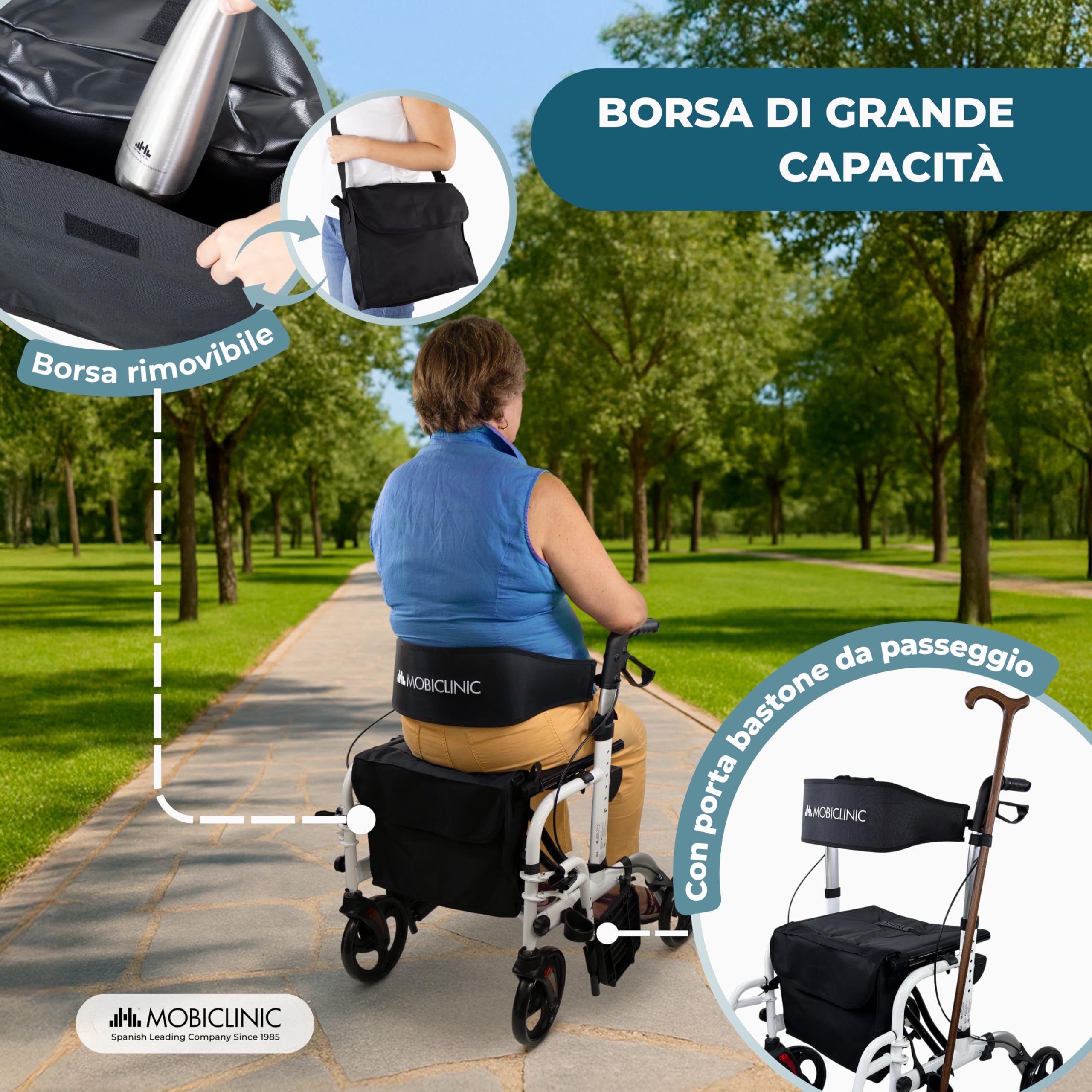Mobiclinic®, Deambulatore Pieghevole, con Poggiapiedi, Regolabile in Altezza, Max. 136 Kg, con Freni, Schienale Reversibile, Ruote 360º, Borsa, Porta Bastone, Ibiza