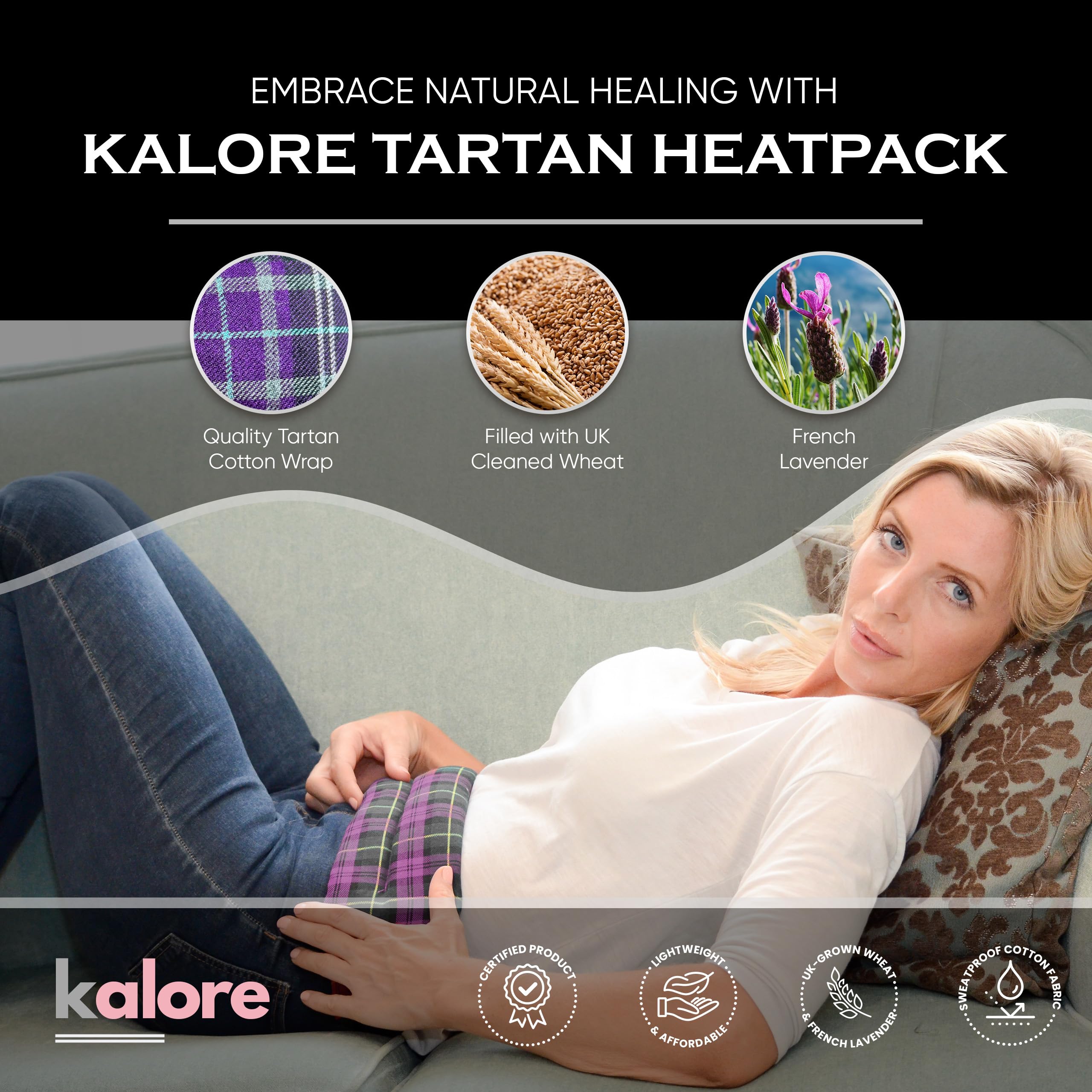 Saco Semillas Microondas para Hombros y Cuello - Cojin Cervical de Lavanda con Elástica - Bolsa Termica de Calor de Trigo del Reino Unido con Tela de Algodón a Cuadros por Kalore, Morado