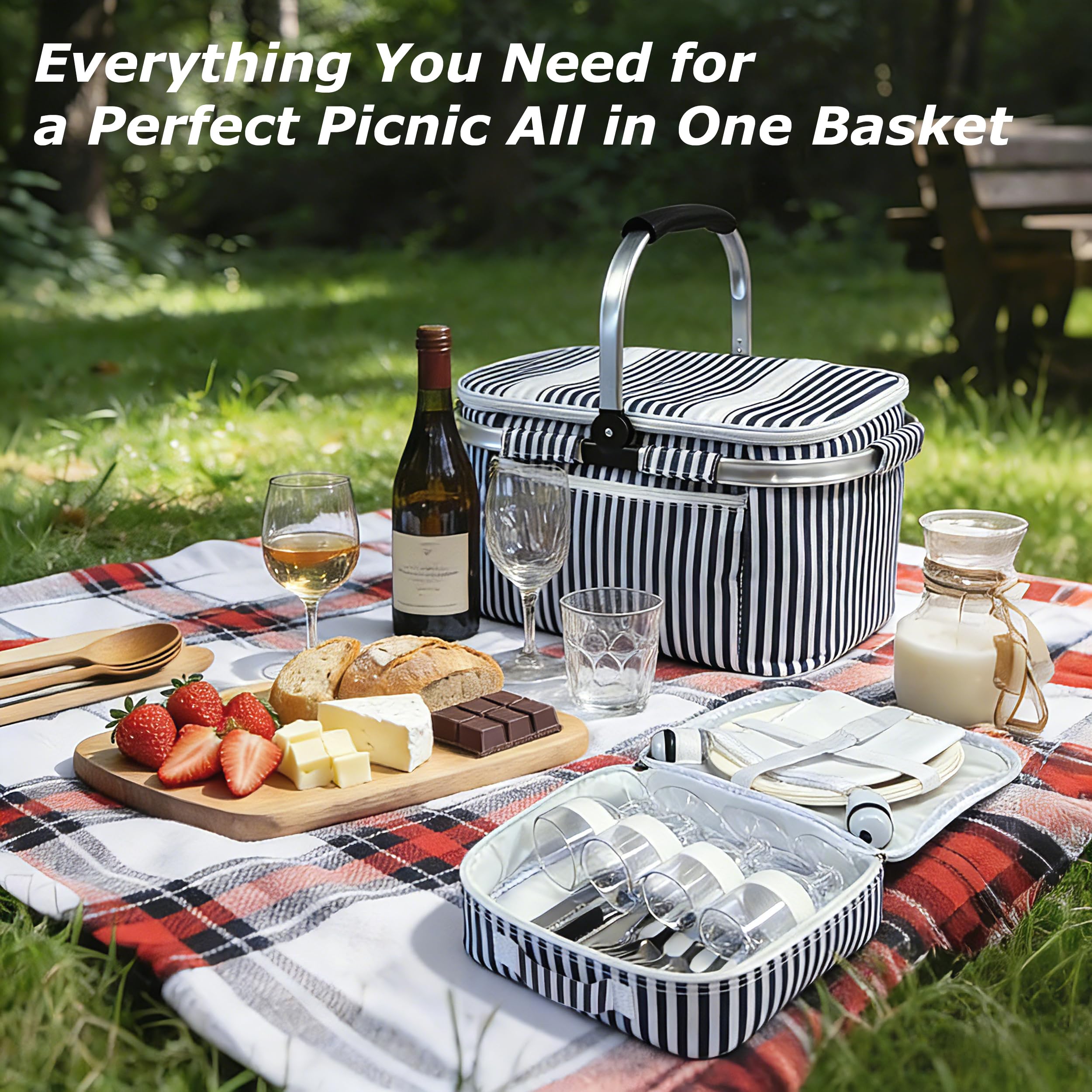 Kato Tirrinia 34 L Einkaufskorb faltbar kühltasche mit Deckel, picknickkorb 2 personen mit Bestecktasche, Aluminiumrahmen picnic basket, 42.67×24.6×25.4cm, für Einkäufe, Reisen und Picknick (Streifen)