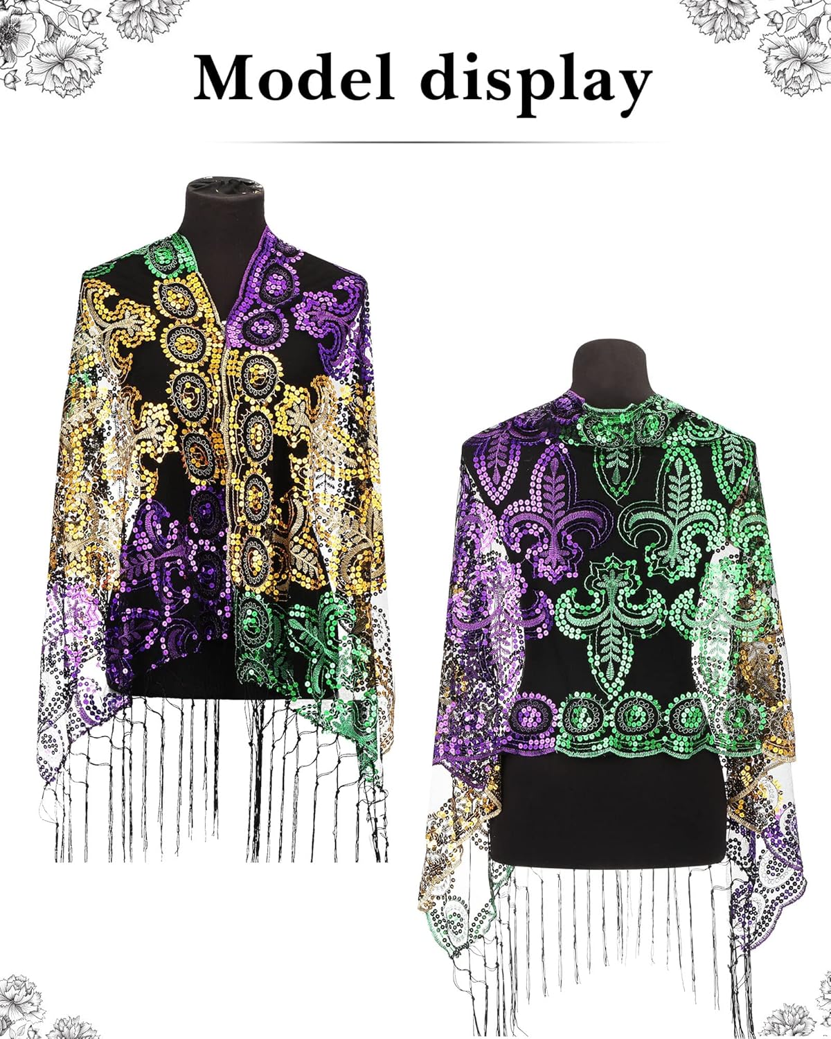 Unittype 4 Pcs Mardi Gras Costumes for Women Mardi Gras Outfit Shawl Scarf with Feather Headband Vintage Tassel Fringe Earrings Accessories Set for Masquerade Party Carnival Parade Dress Party - Image 3