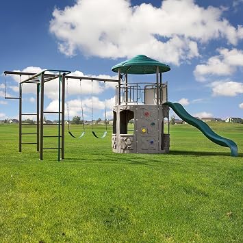 Lifetime Adventure Tower Deluxe Swing Set Playset Lifetime Adventure Tower, Covered Clubhouse, 9 ft Wavy Slide, Monkey Bars, Climbing Wall, Firemans Pole, Belt Swings & Trapeze