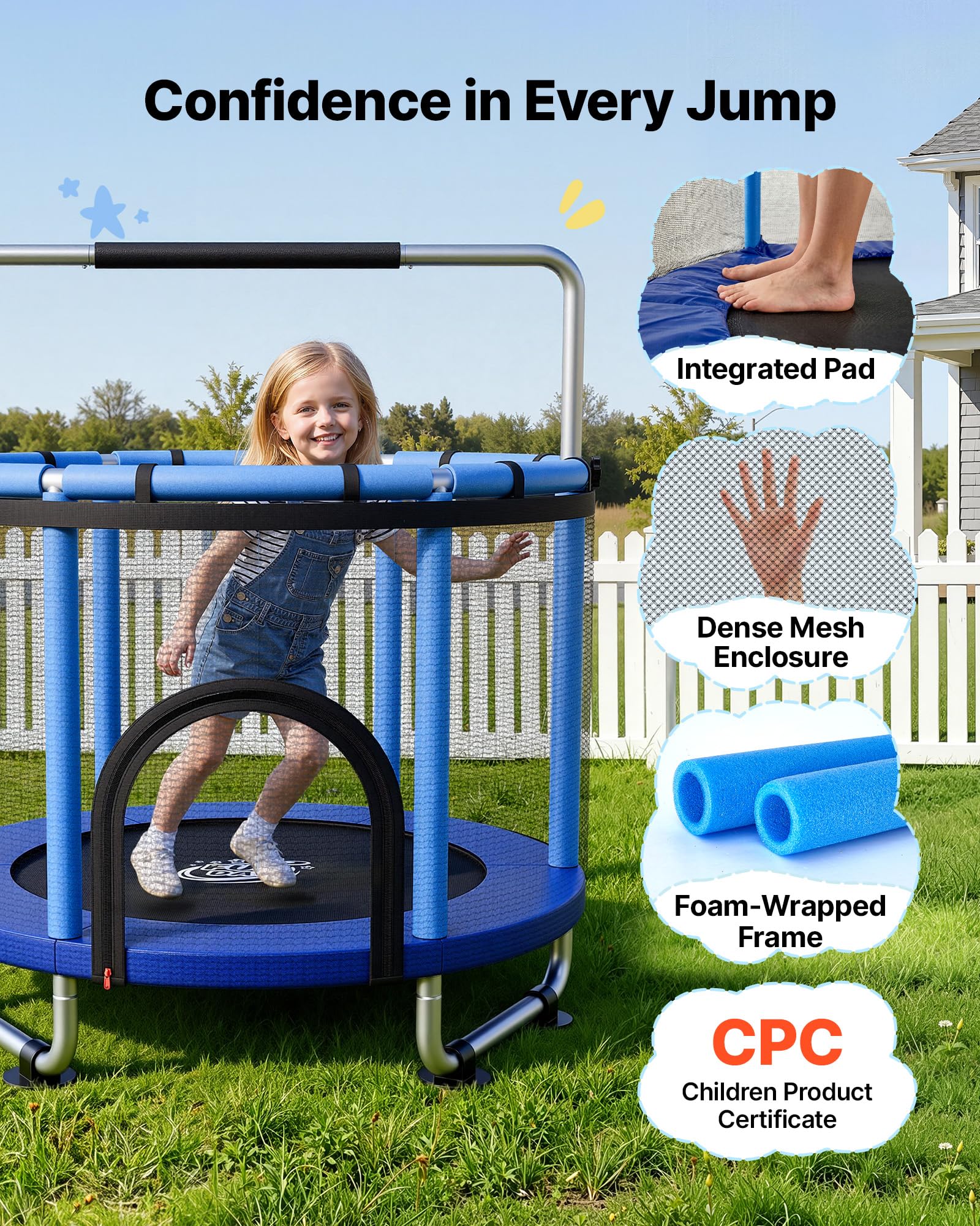 VEVOR Trampolino Elastico per Bambini Rete Protezione 142 cm Carico 60 kg, Trampolino Giocattolo Esercizio Divertimento per Bambini da Interno Esterno Barra Regolabile Tappeto Integrato in PP