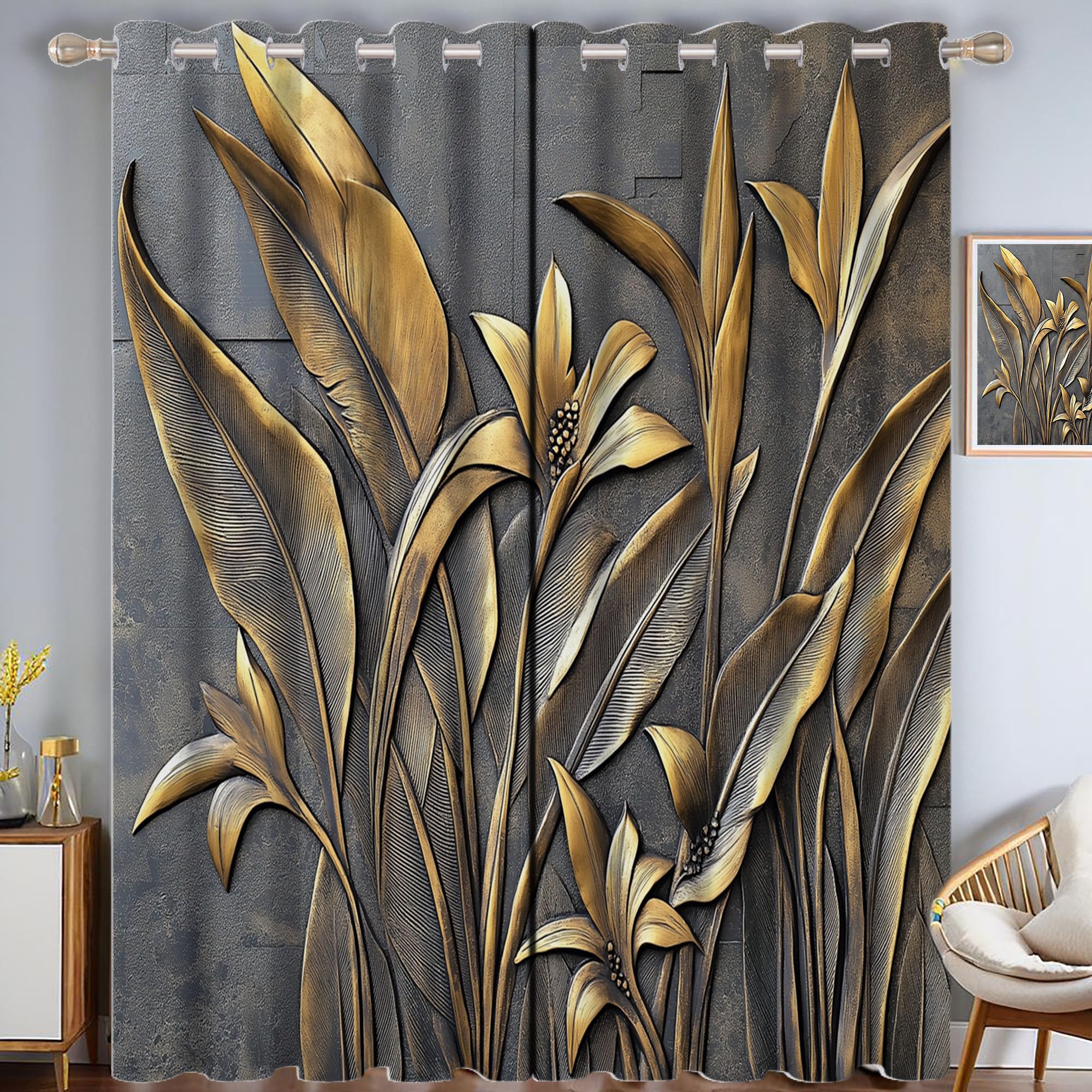 Rideau à oeillets pour chambre et salon motif feuilles relief gris