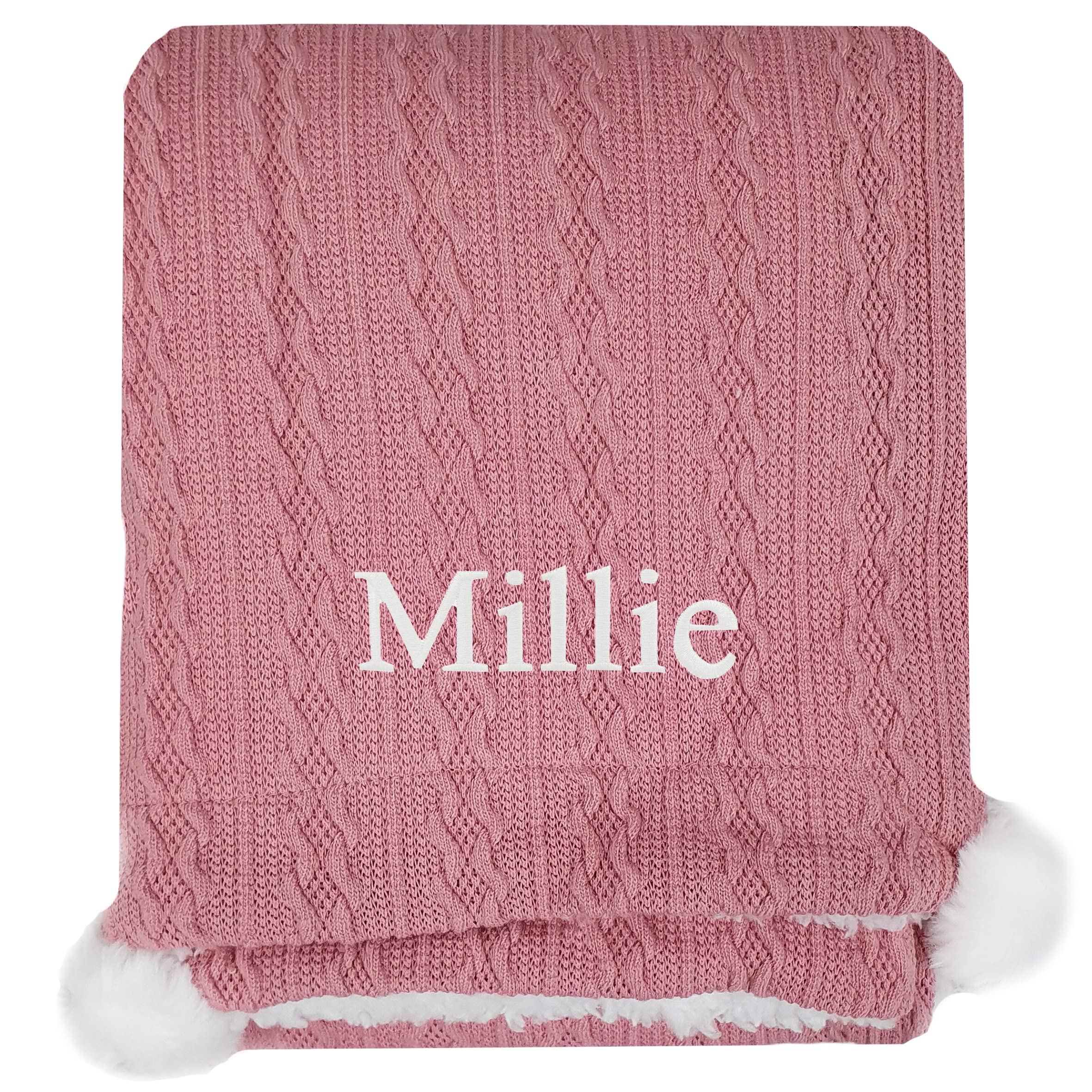 Baby Boy Girl Personalised Knitted Pom Pom Blanket Embroidered Name (Dusky Pink)