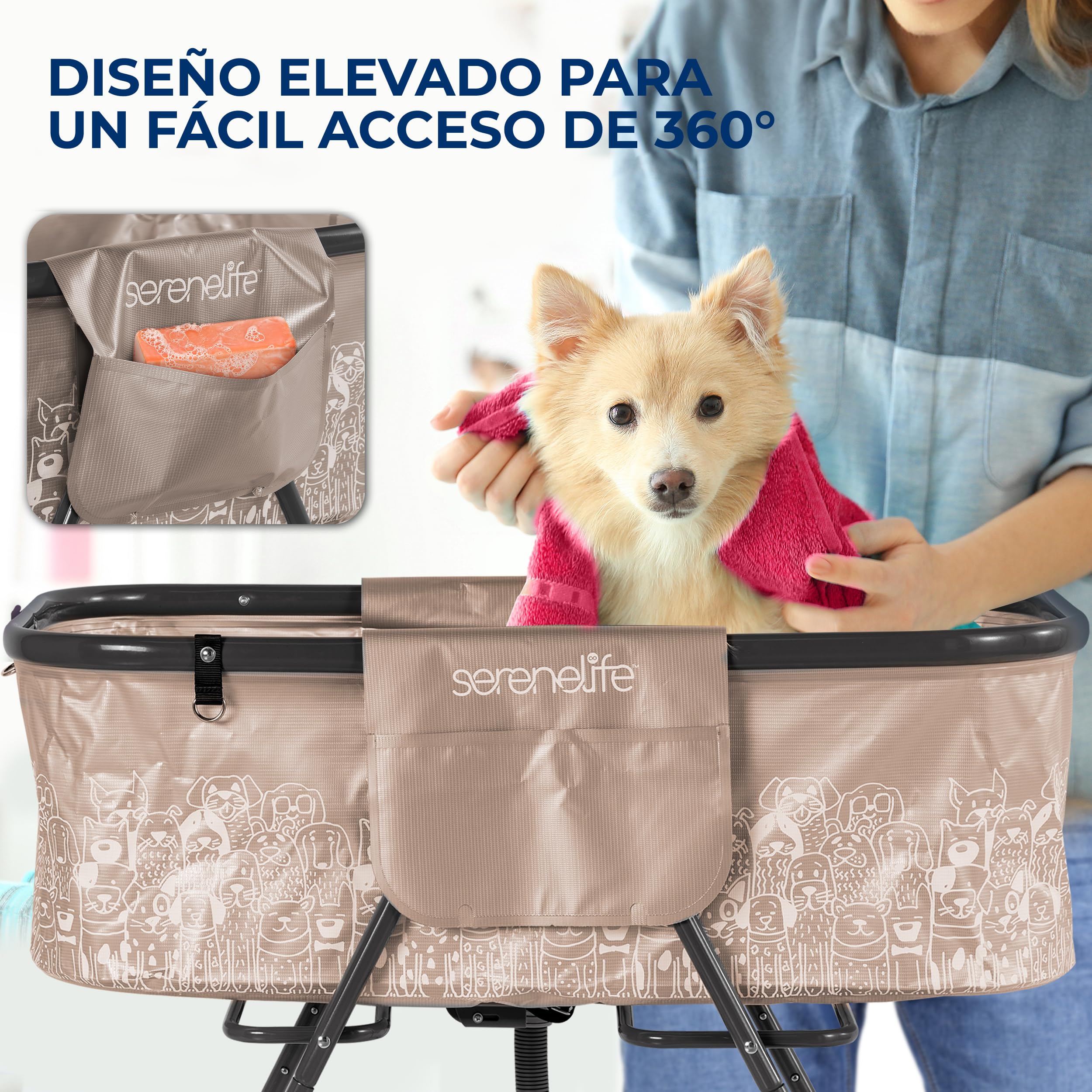 SereneLife bañera para Perros, Plegable, Altura Ajustable, con Manguera de Drenaje y Bolsillos de Almacenamiento, para Uso en Interiores y Exteriores