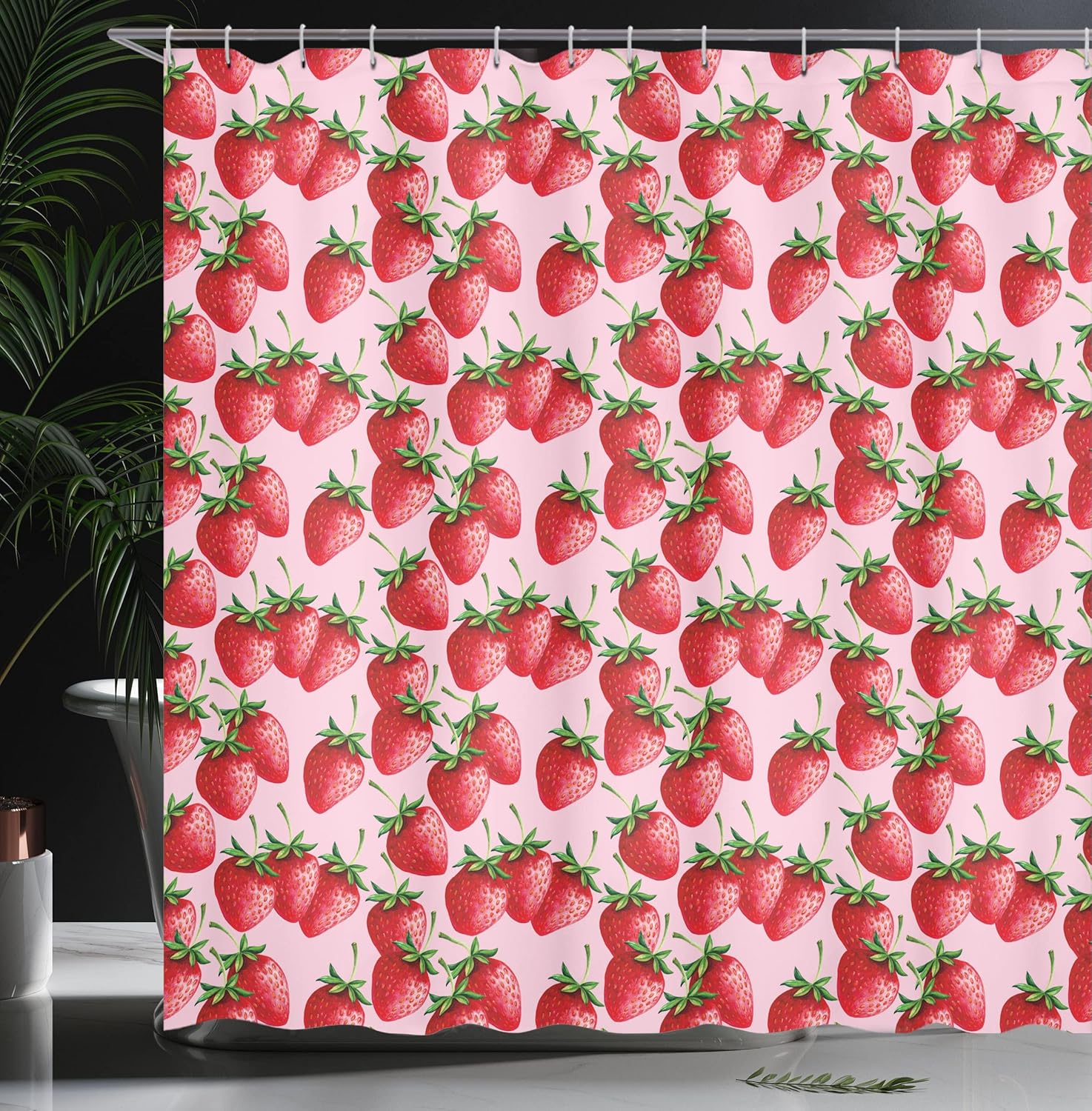 Ambesonne Fruit Shower Curtain, Delicious Big Strawberries on Pink Background Tasty Juicy Ripe Summer Fruits, Cloth Fabric Bathroom Decor Set with Hooks, 69" W x 70" L, Green Pink Red