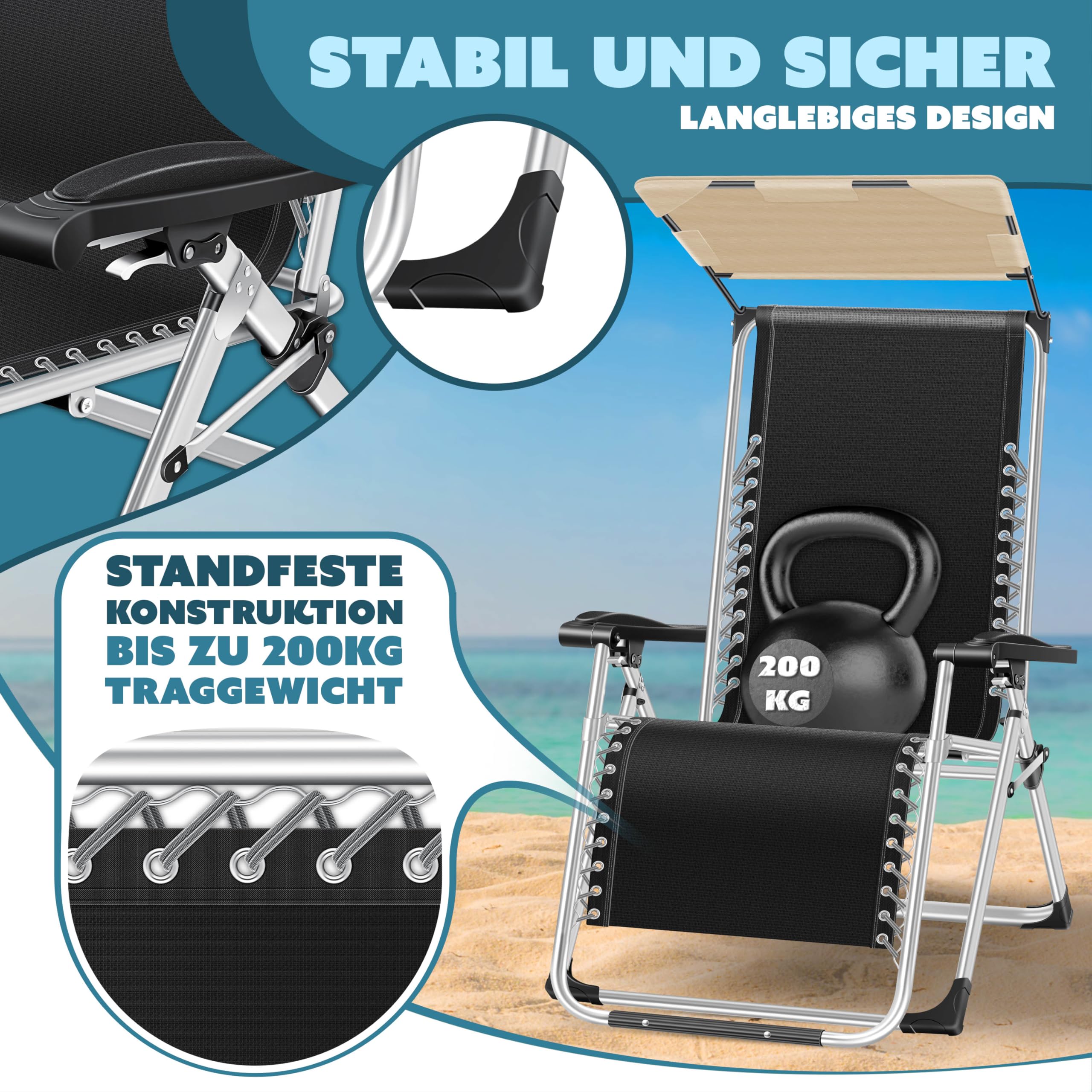 KESSER® Składany leżak ogrodowy XXL, odporny na warunki atmosferyczne, udźwig 200 kg, ergonomiczna poduszka, regulowane oparcie z poduszką pod kark, uchwyt na kubek i wyściółka do