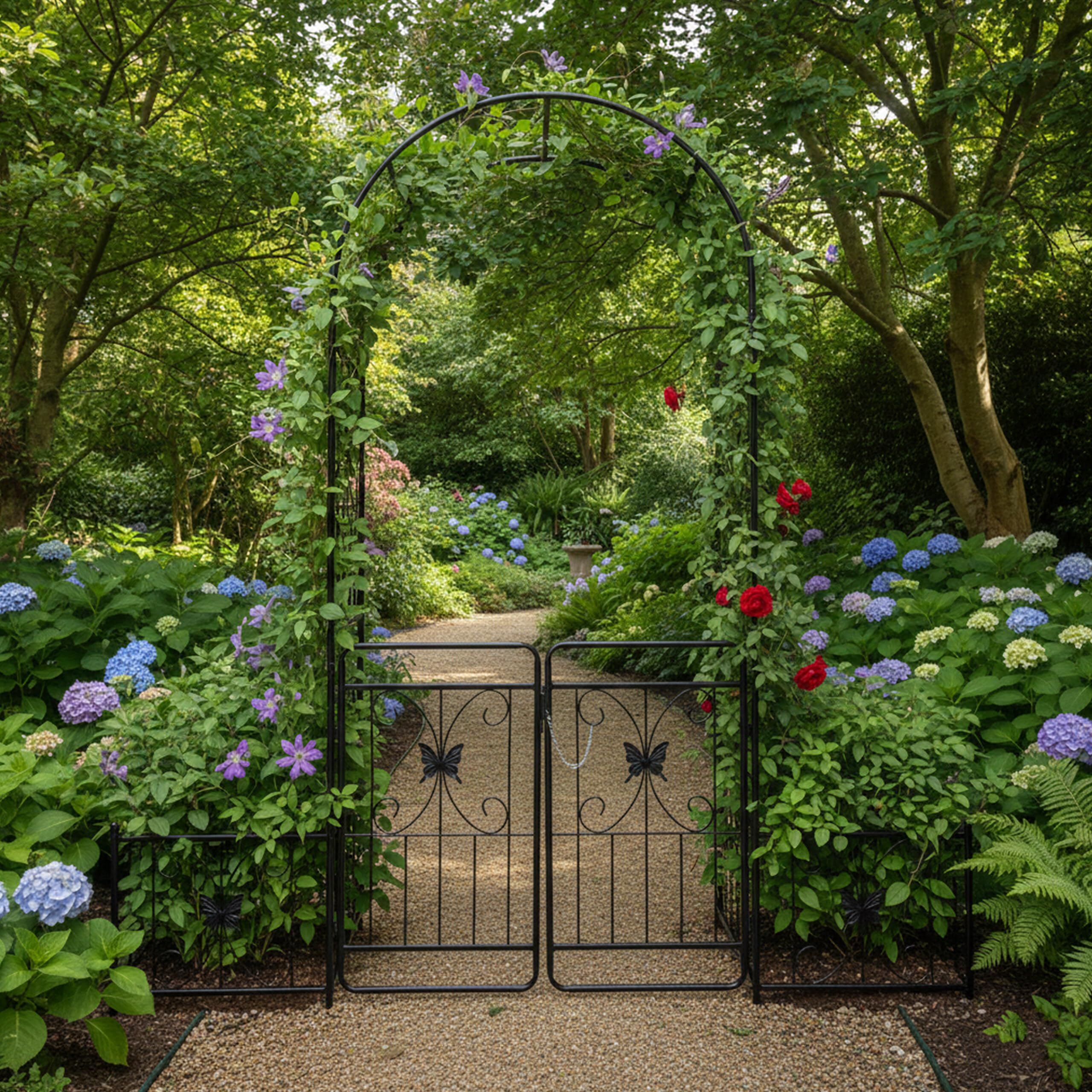Relaxdays Arche Ronde en métal avec portillon Double et 2 jardinières, 220 x 202 x 50 cm, Noir
