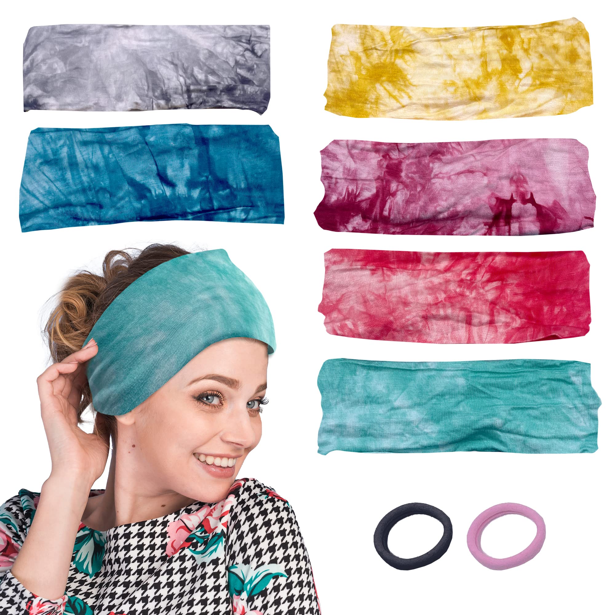 VENSO Wide Headbands for Women Ultimate Style and Comfort with great stretch - 6 Pack with 2 Hair Ties - Elevate Your Look with Chic Solid Colors - Perfect for Sports, Yoga, and Fashion everyday