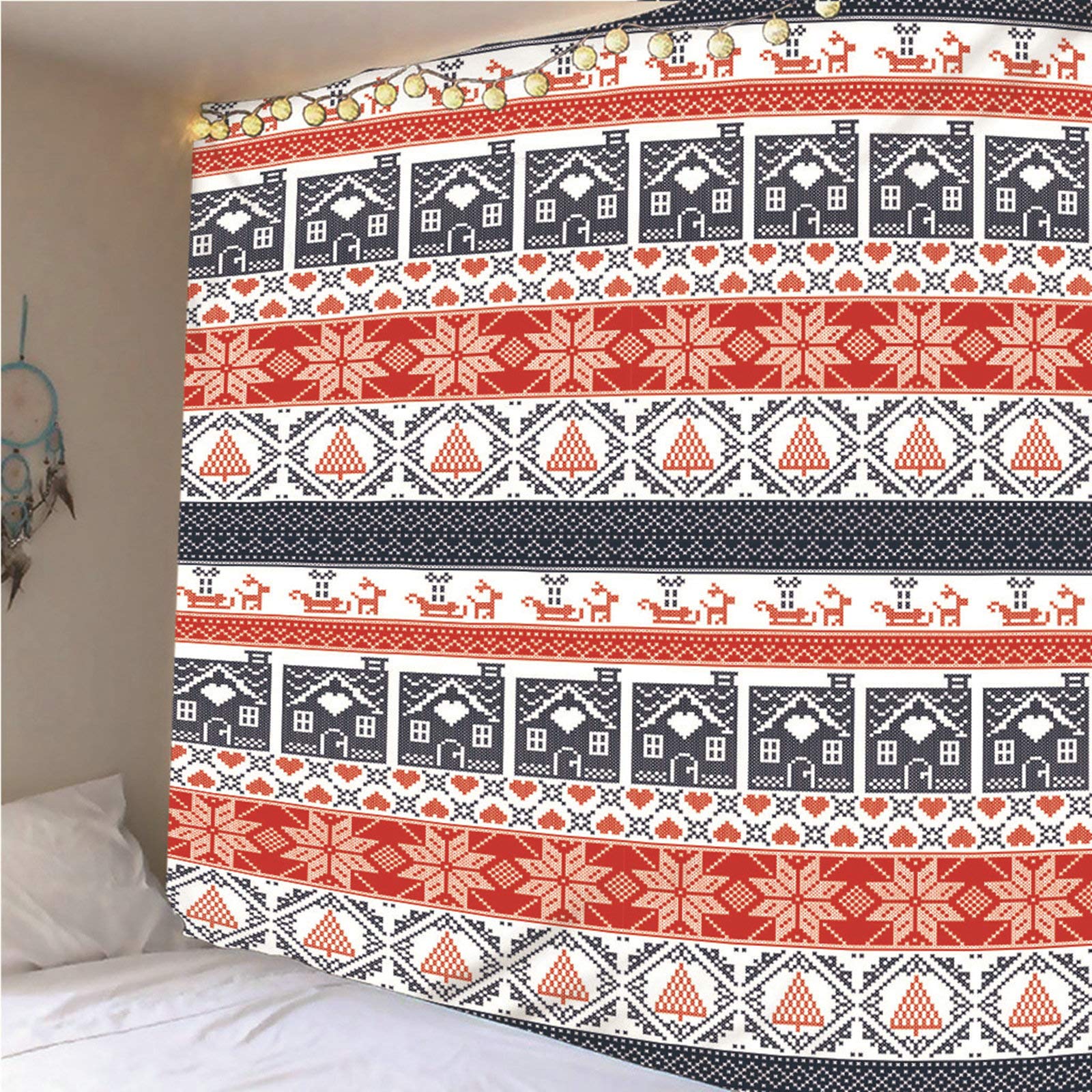 KnSam Dywan na ścianę, gobelin, ozdoba na ścianę, do salonu, dekoracja domowa, z poliestru, retro kwiaty i dom czerwony 350 x 256 cm