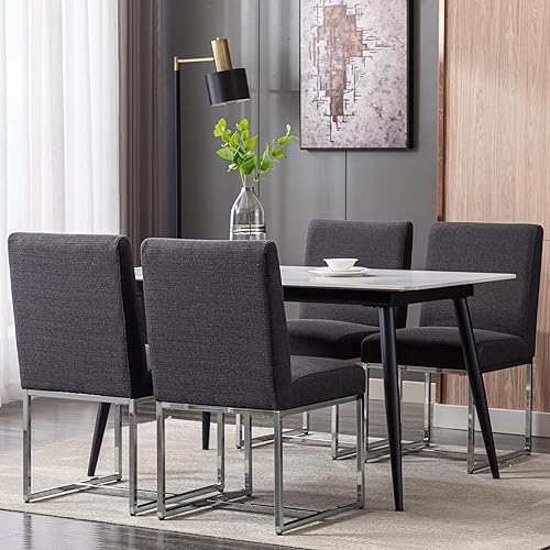 Miniatura 6 de Juego de 2 sillas de comedor modernas, sillas de comedor tapizadas de lino con patas de metal cromado para comedor, tocador, cocina, sala de estar,