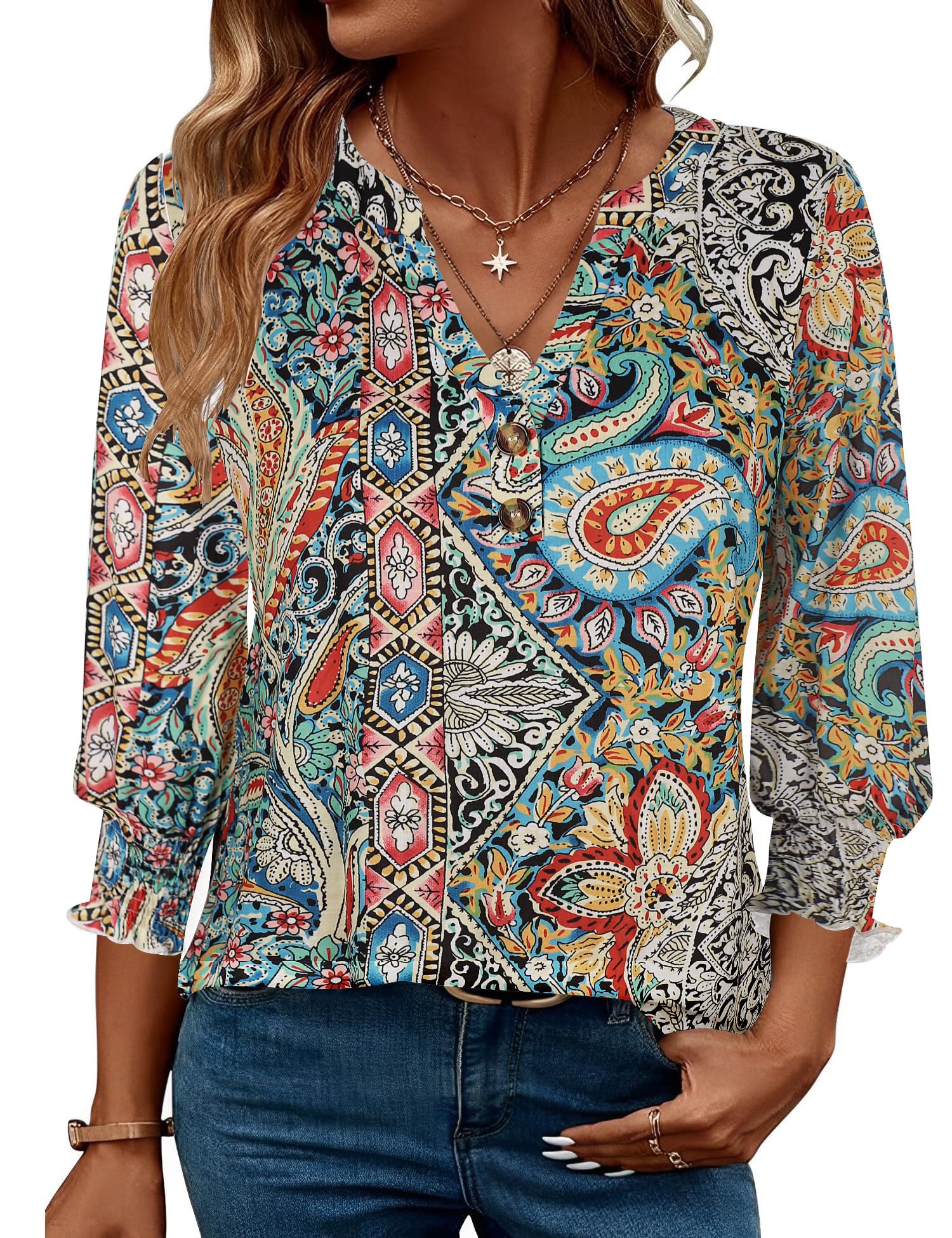 Enqoole Bluse Damen V Ausschnitt 3/4 Arm Shirt Business Casual Oberteil | Langarmshirt,Elegant Sommer Tunika,Locker Tshirt mit Knöpfen,Mode 2026
