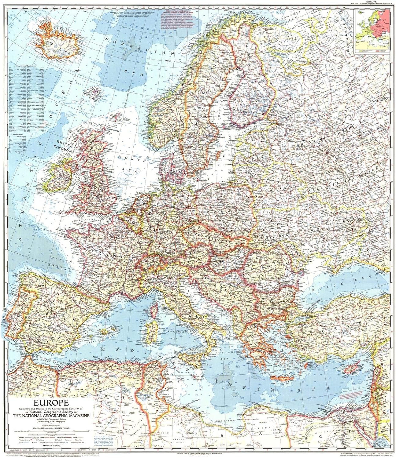 National Geographic Europe 1957 Historic Wall Map Series 29 x 33 inches