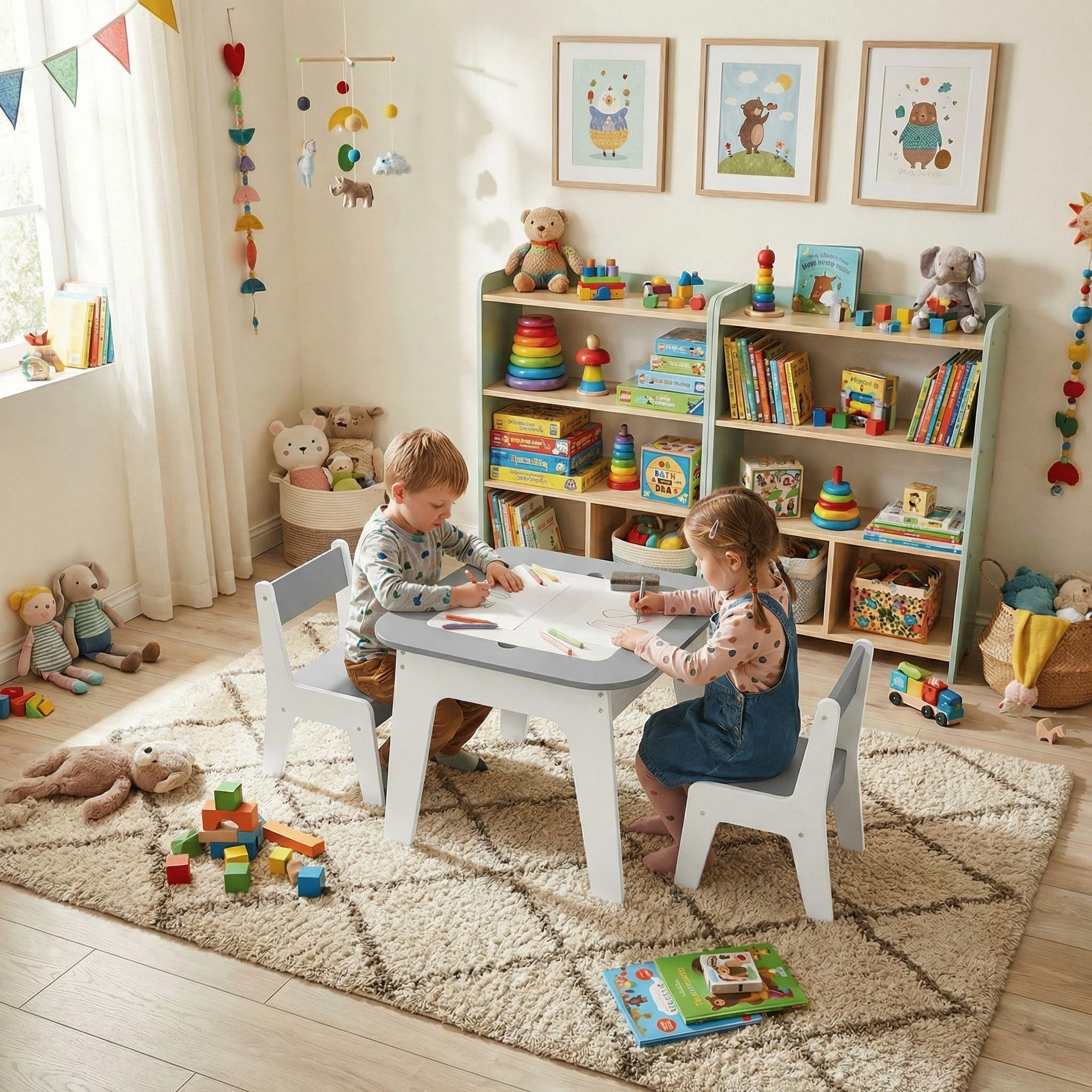 Clevich Kinder Tisch Stuhl Set, Kindersitzgarnitur, Stauraum, mit 2 PCS Stühlen, Kindersitzgruppe, Doppelseitiger Maltisch & Bauplatte, Packung mit 2 Stühlen, Kindermöbel für Kinderzimmer, Grau