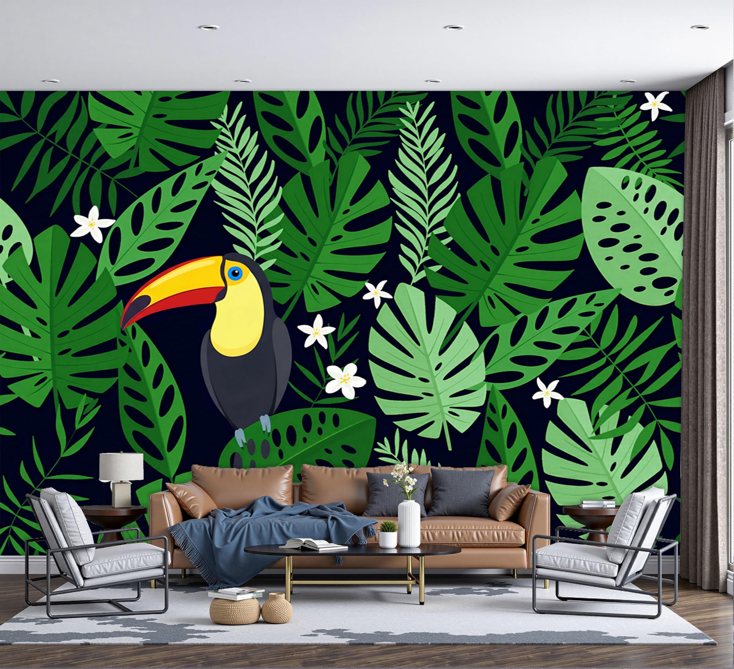 Papier peint panoramique toucan vert forêt poster mural salon 250x175