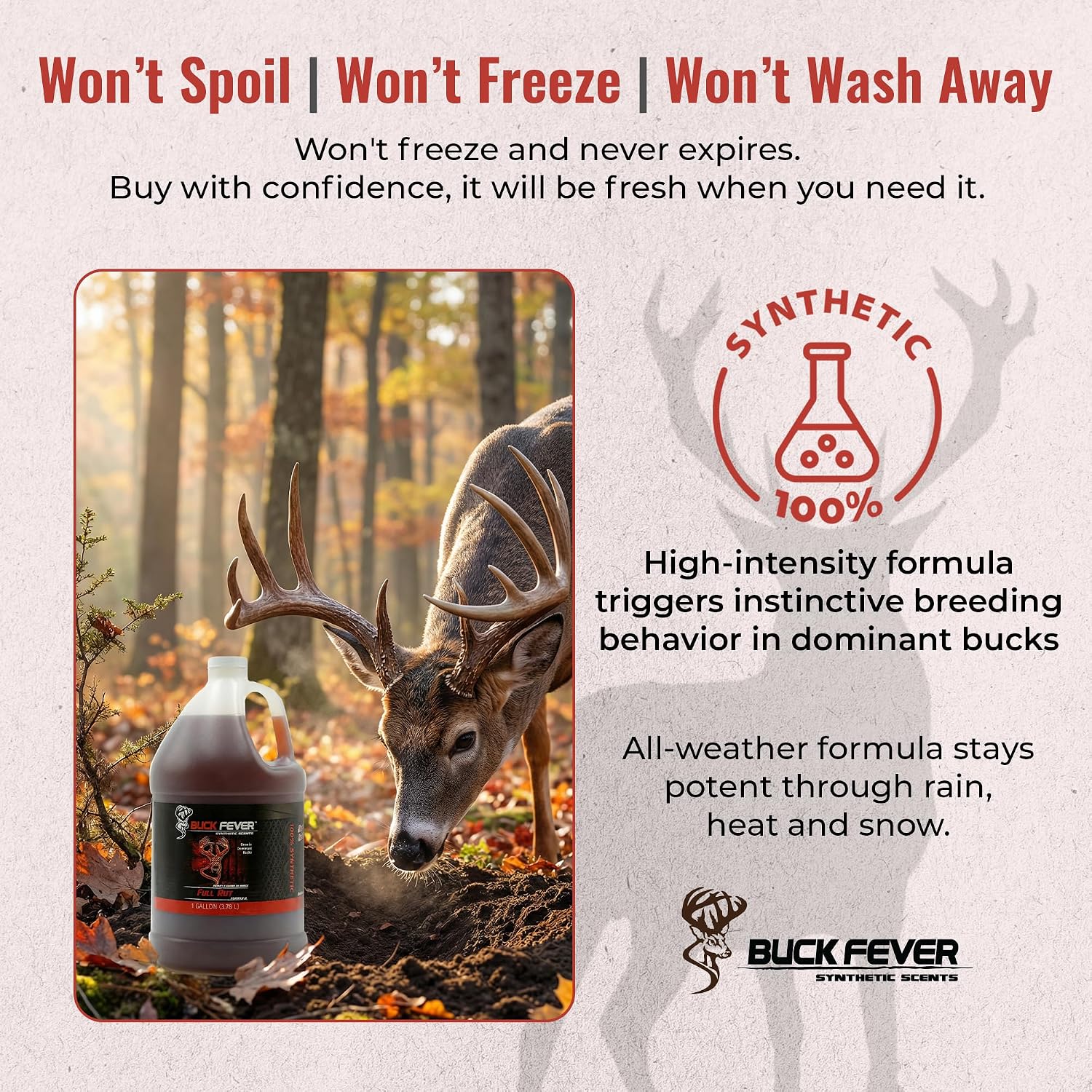 Buck Fever Full Buck Rut Scent - Blacktail, Mule, Whitetail Deer Attractant – Non-Spoiling Synthetic Deer Scent for Mock Scrapes and Ground Scrapes – All Season Dominant Buck Hunting Scents
