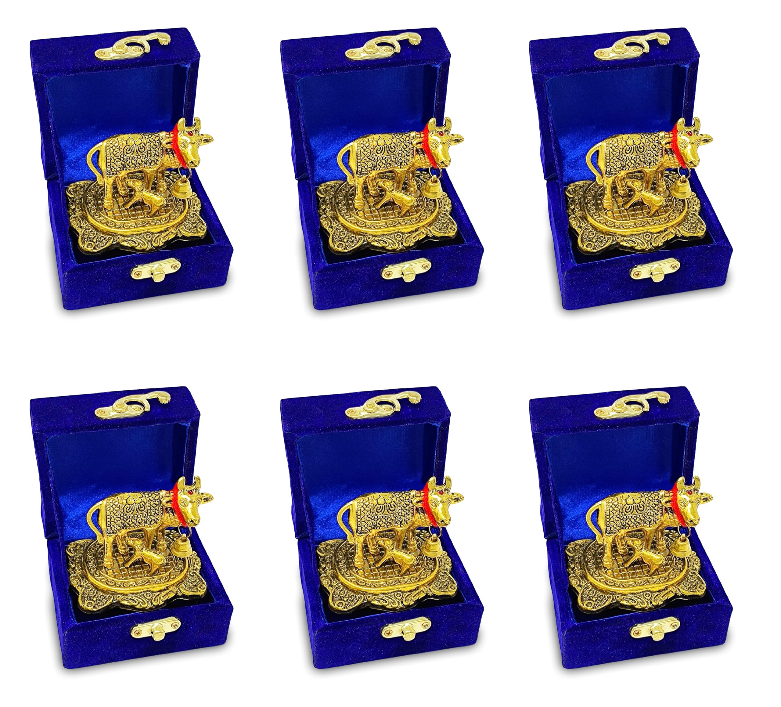 NOBILITY Estatua de metal dorada pequeña de vaca Kamdhenu con becerro con caja de regalo azul, artículo decorativo para el hogar, oficina, artículos de decoración Diwali, regalos de boda, paquete de 6