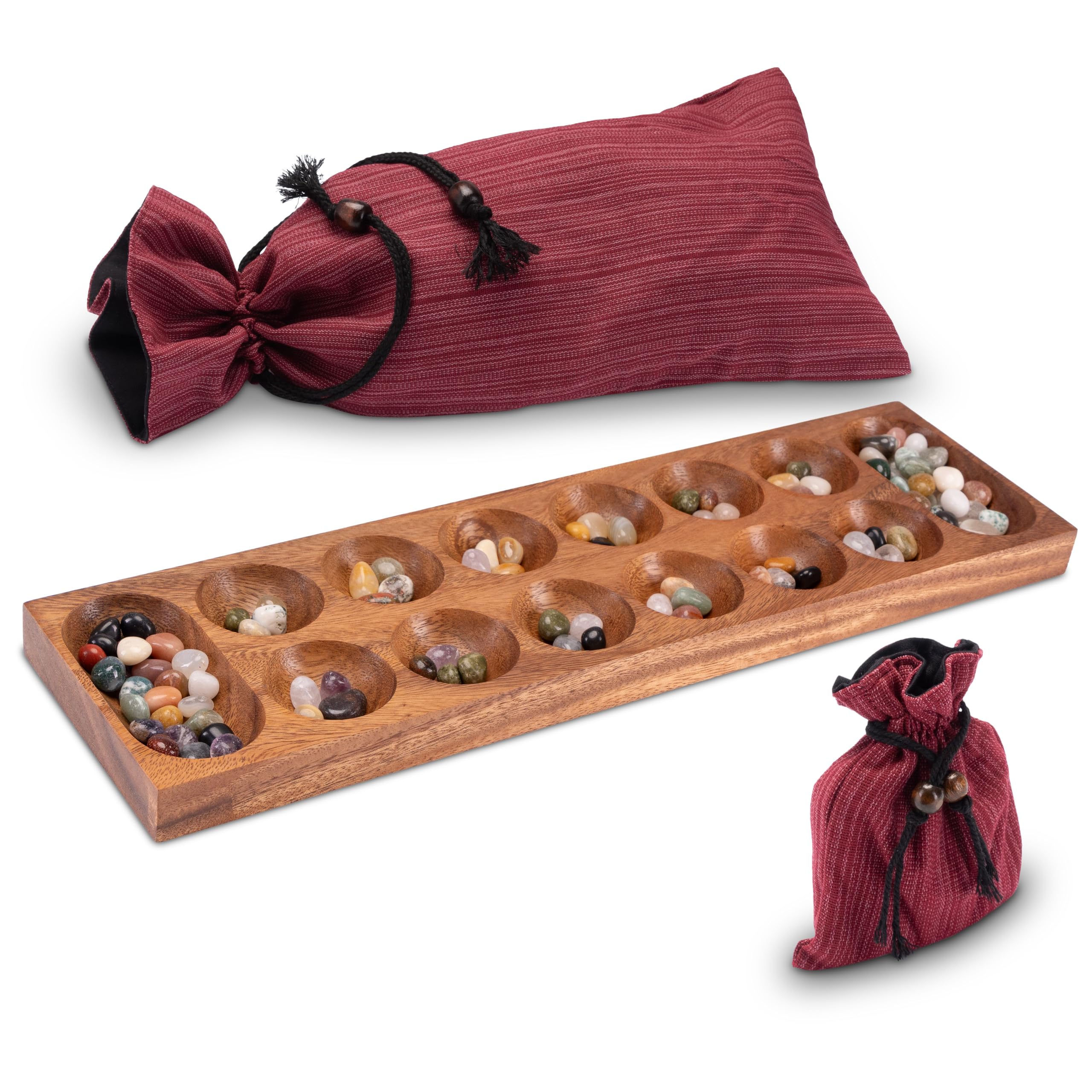 LOGOPLAY Kalaha Game for 2 Players with Fabric Bag - Playing Field 13 x 44 cm - Hus - Bao - with Gemstones