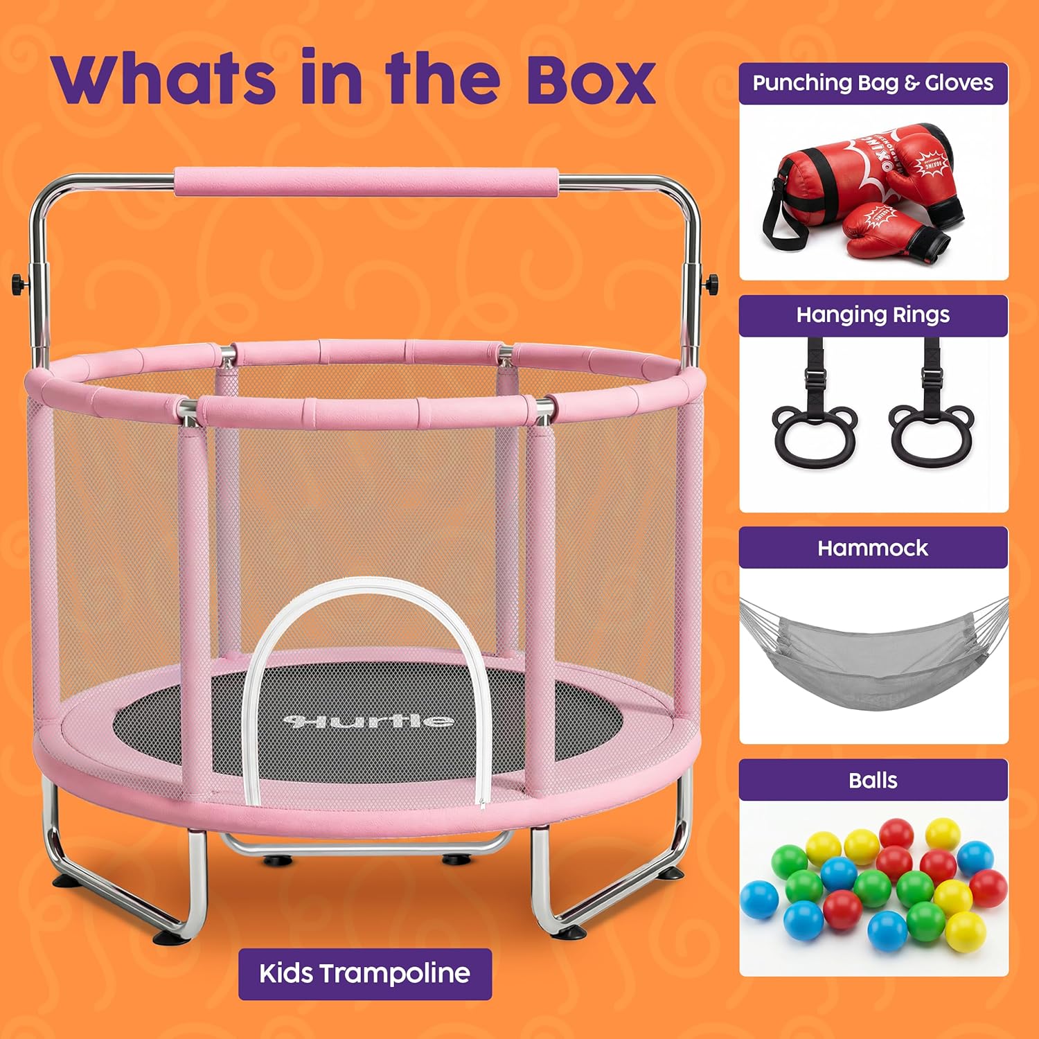 Hurtle 55" Trampoline for Kids with Safety Enclosure - 440lbs Capacity Indoor/Outdoor Toddler Trampoline with Adjustable Gymnastics Bar, Swing, Boxing Bag & Rings - Birthday Toy Gift for Boys & Girls