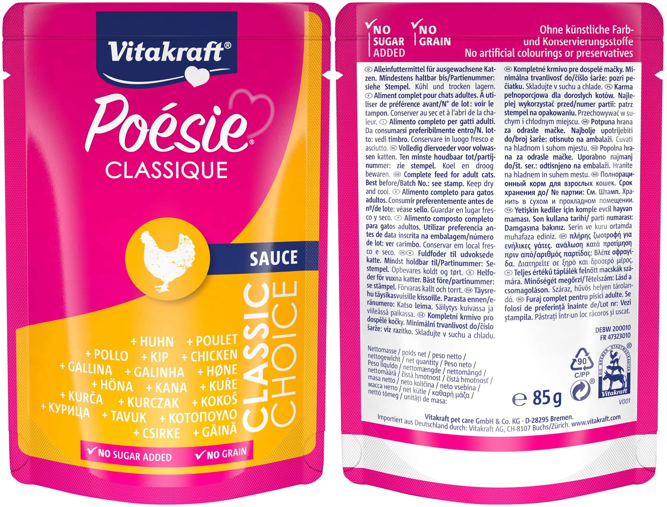 Vitakraft Poésie Classique, karma dla kotów mokra, w opakowaniu zbiorczym, z kurczakiem, indykiem i wołowiną, z łososiem ze znakiem MSC, bez dodatku cukru i zbóż, wielkość zapasowa (1 opakowanie po 12
