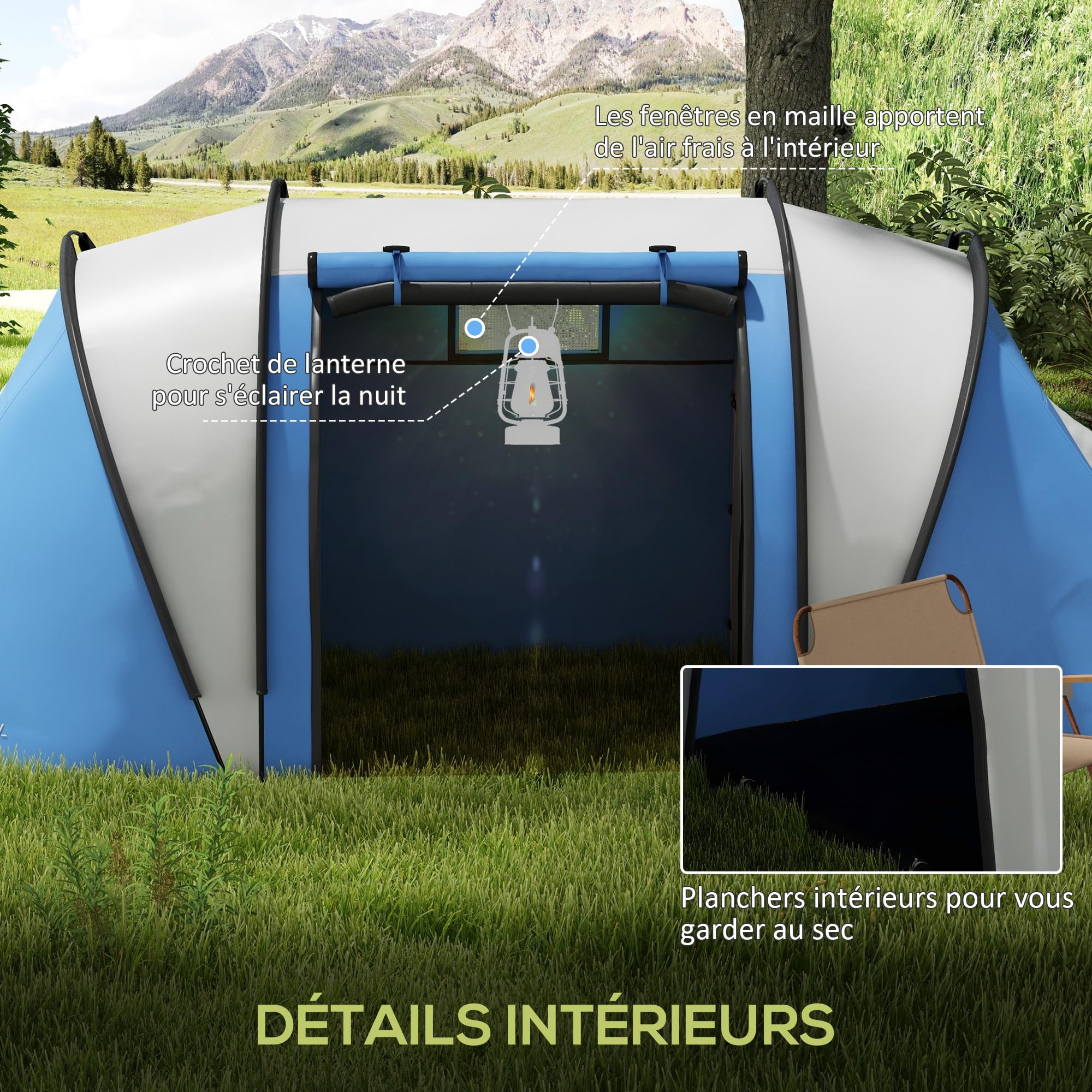 Outsunny Tente de Camping familiale 4-5 Personnes avec 2 Chambres, 3000 mm imperméable et ventilée, Installation Facile, Tente de randonnée avec 3 Portes et fenêtres et Sac de Transport