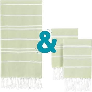 WETCAT Bundle Turkish Bath Towel 38 x 71 and Turkish Hand Towels 20 x 30, Set of 2 - 100% Cotton, Prewashed for Soft Feel - Seafoam Green Bath Towels & Green Kitchen Accessories and Decor