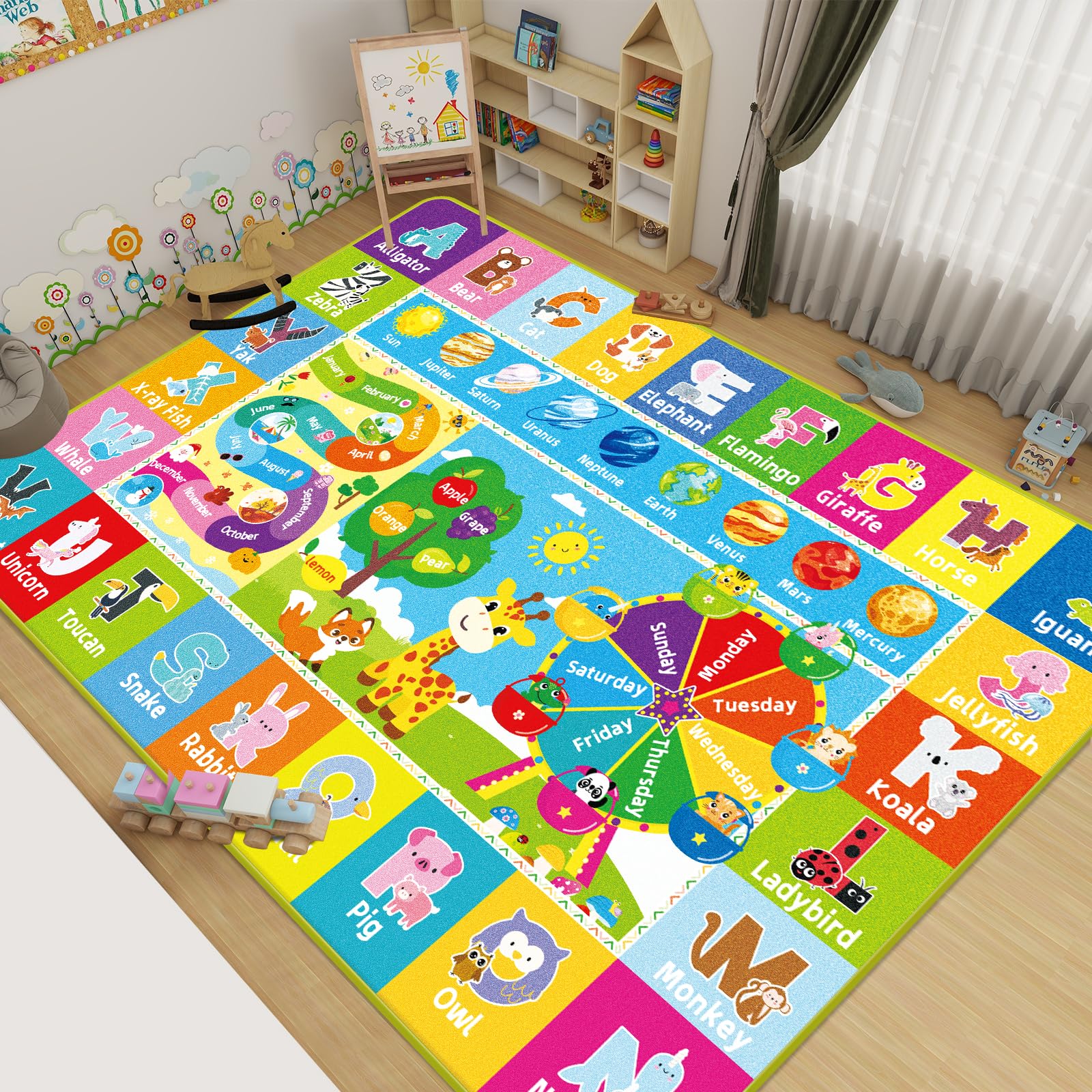 Kinderteppich fürs Spielzimmer, Kinder-Baby-Spielmatte mit Alphabet, Monat, Wetter, Woche und Formen ABC Lernteppich, Kinder-Spielteppich für Schlafzimmer Klassenzimmer (59 X 39.4 INCH, Riesenrad)