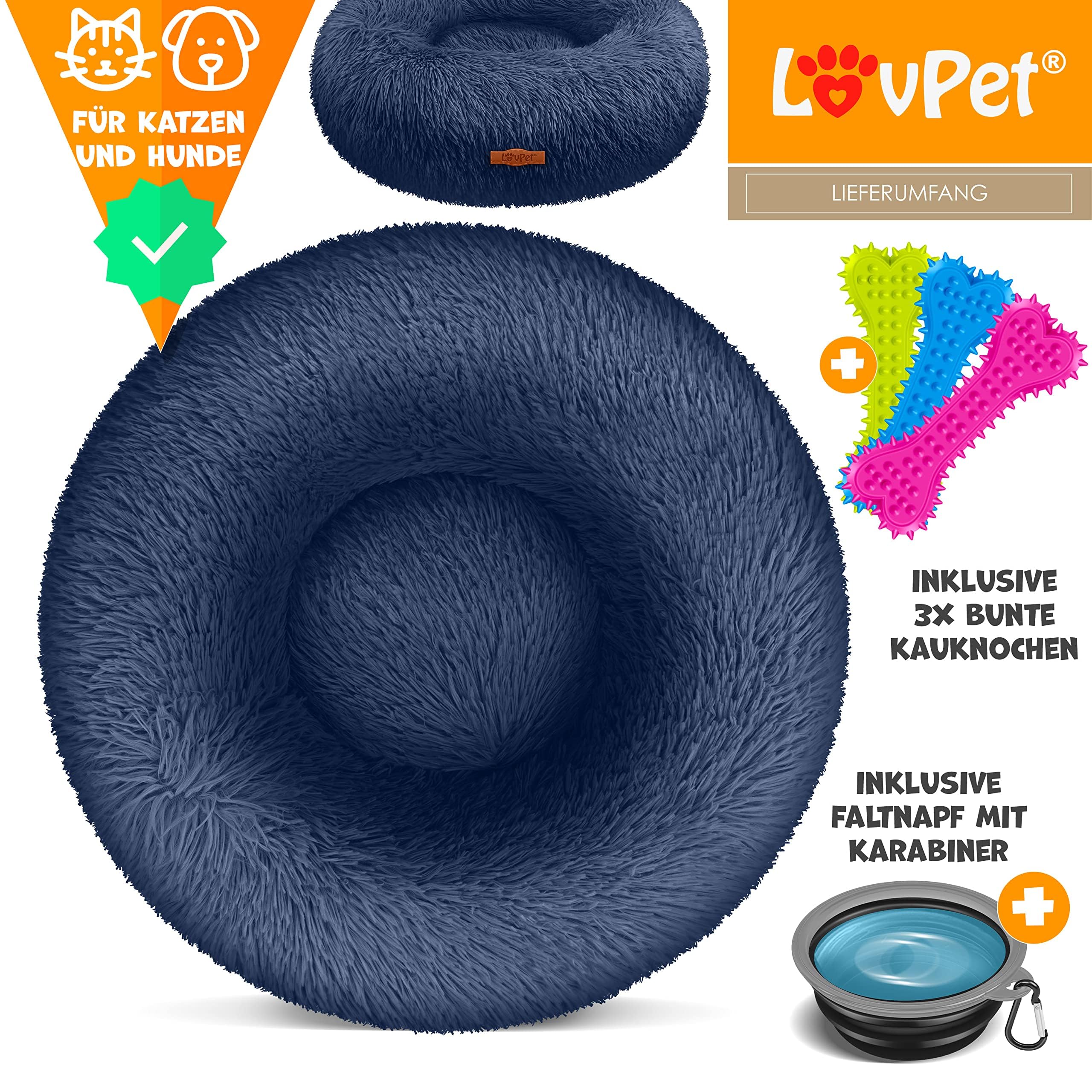 Lovpet® Letto per Cani e Gatti Bagel Ø 120 cm - (4XL), Lavabile, incl. Ciotola + 3X Ossi da Masticare, Divano in Peluche per Cani di Piccola, Media e Grande Taglia, Gatti - Blu Marino