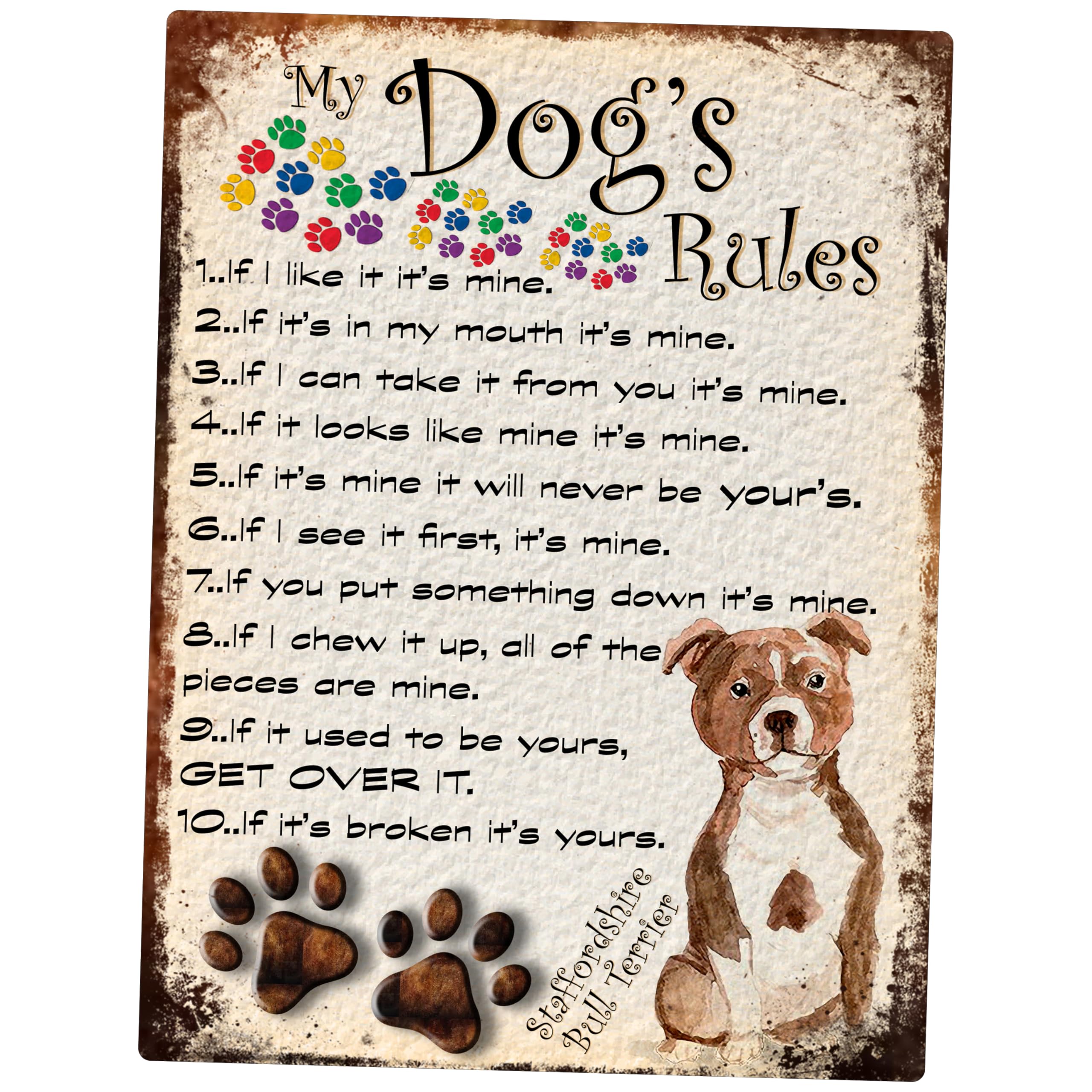 Shawprint Limited Staffordshire Bull Terrier My Dog's Rules Retro Style Metal Tin Sign/Plaque Dog Breeds 8" X 6" (Staffordshire Bull Terrier)