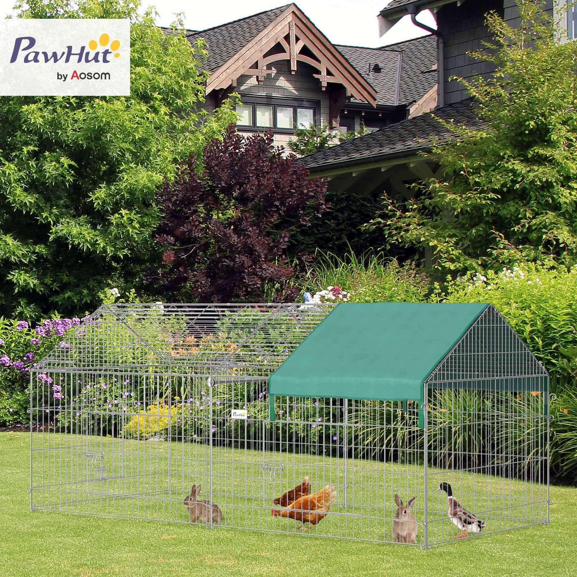 PawHut Recinto per Animali con Telo di Copertura, Recinzione in Acciaio con Porte per Galline e Conigli, 220x103x103cm