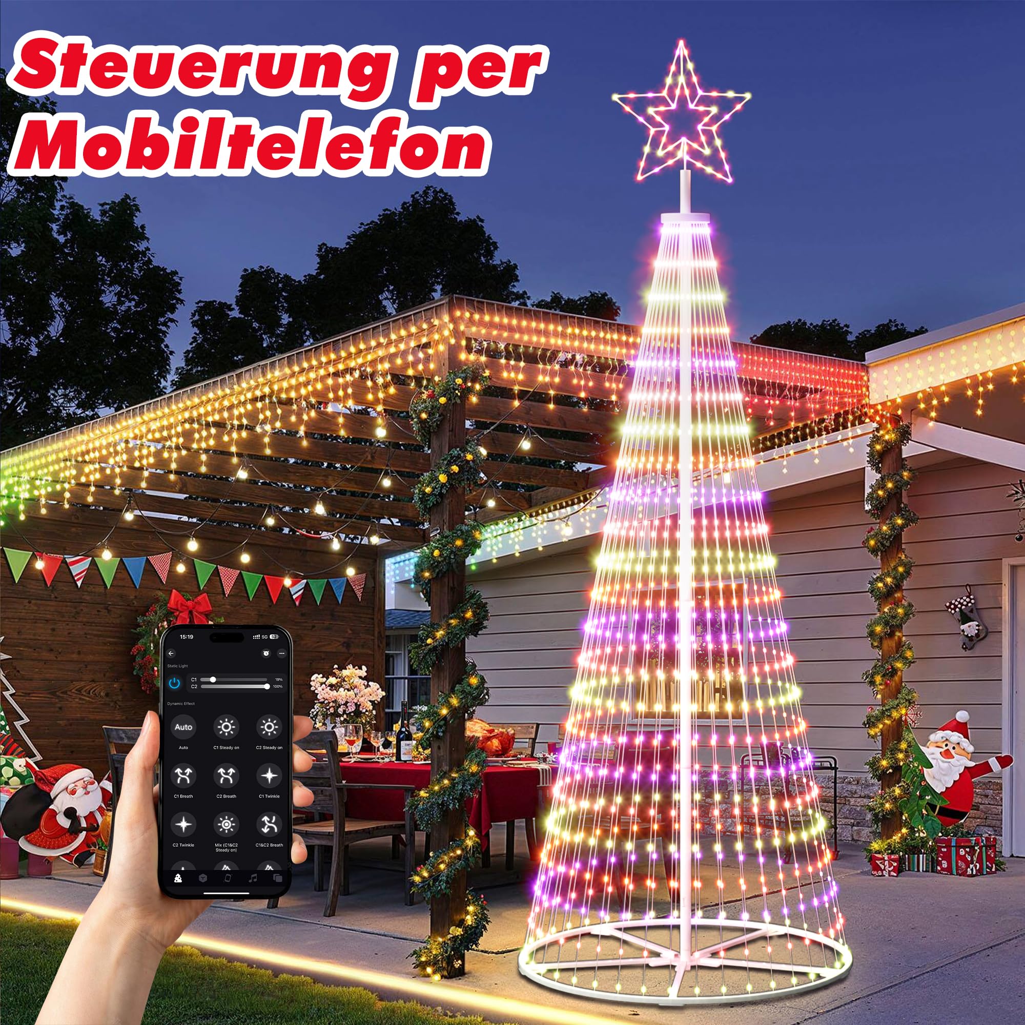 3,6M LED Weihnachtsbaum Metall Außen, Weihnachtsdeko Lichterbaum Outdoor - 660 LEDs mit Stern, App & Fernbedienung, Dimmbar, Timer, IP44 Wasserdicht - für Garten, Rasen (Warmweiß)