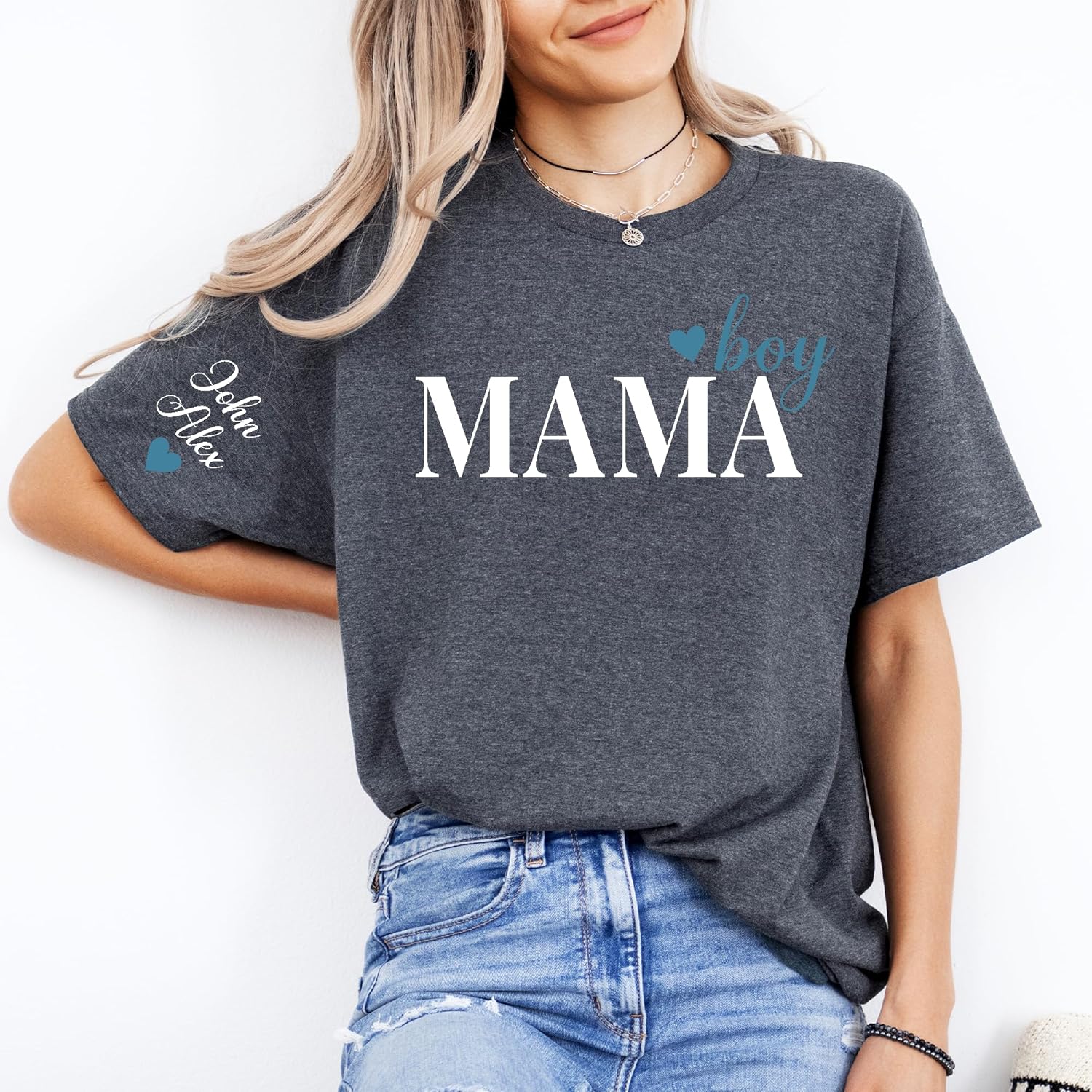 Custom Boy Mom Shirt Kids Names on Sleeve Boy Mama Shirt for Women Personalized Mama Tshirts - Image 4