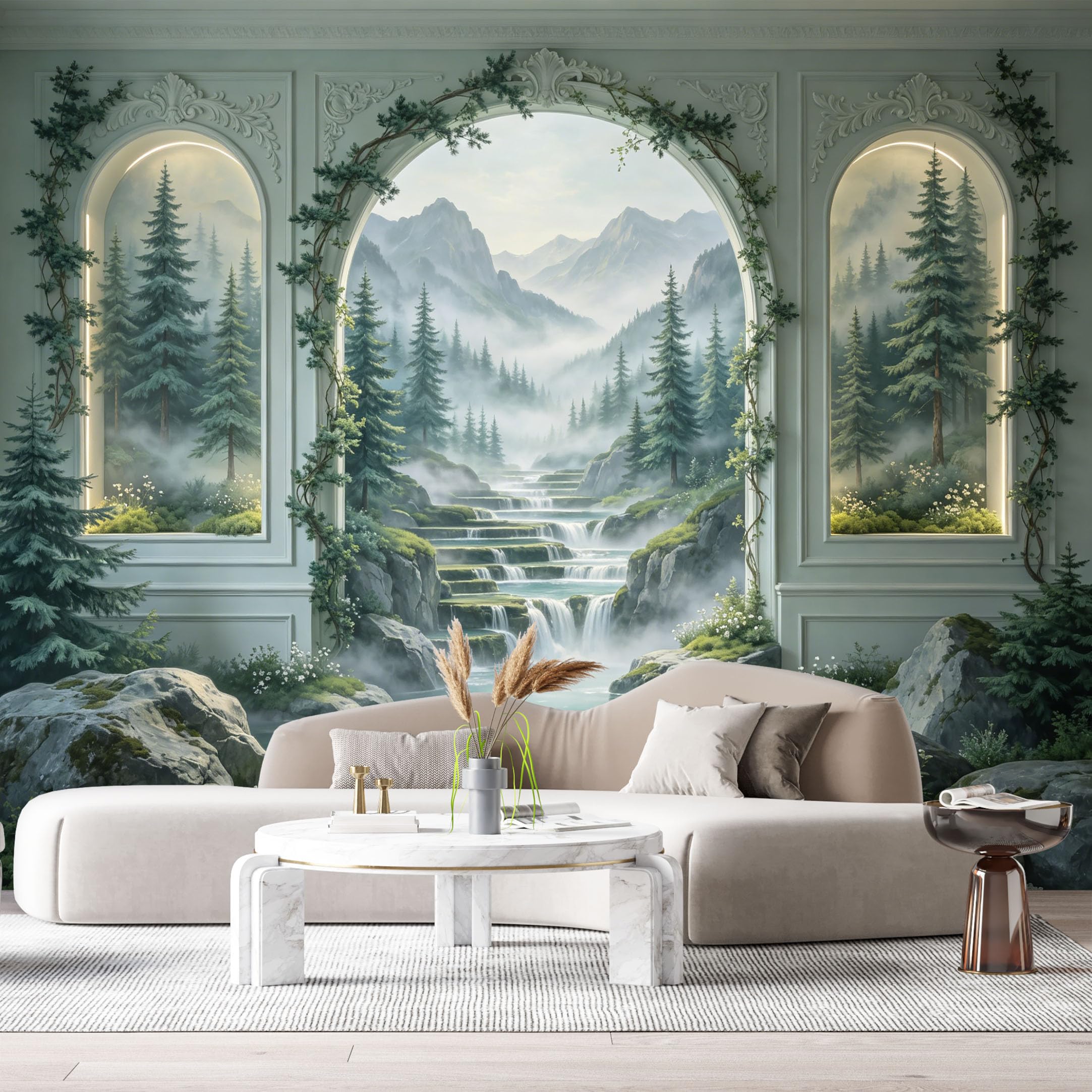 Custom Size Wall Murals Misty Mountain Forest Waterfall Archway 3D Trompe L'Oeil SelfAdhesiveWall Fabric Removable Wallpaper Wall Decor for Living Room Bedroom Bathroom