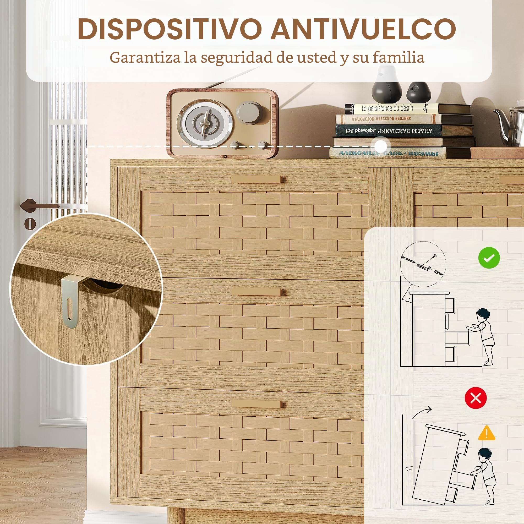 BRILVERDE Armario auxiliar de bambú en ratán, cómoda de nicho ventilada, armario de almacenamiento con 6 cajones, aparador buffet con seguridad antivuelco, para cocina, salón, comedor (roble 1)