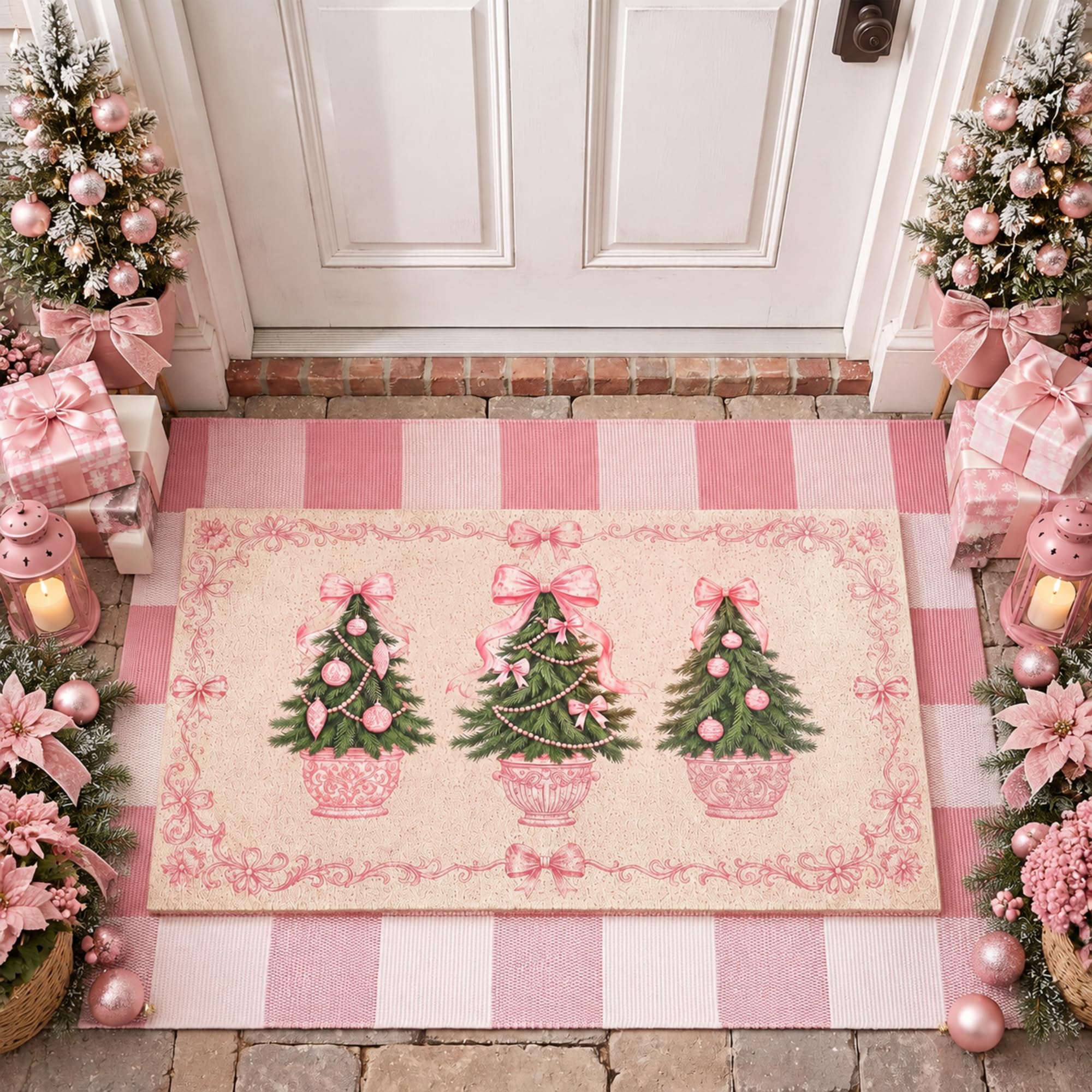 Dunzy 2 Pcs Pink Christmas Tree Doormat Set, Coir Layered Front Door Mat