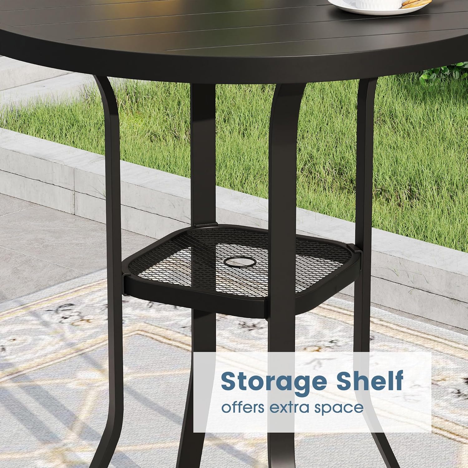 DIFY 5 Pieces Patio Bar Set for 4, 35.4" Black Round Metal High Top Table and 4 Blue Textilene Bar Stools with Curved Armrests for Garden Balcony, Black Tabletop and Blue Fabric