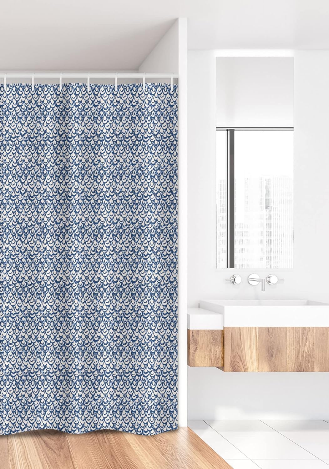 Ambesonne Ethnic Stall Shower Curtain, Hand Drawn Style Indonesian Batik Pattern with Curves and Small Triangles, Fabric Bathroom Decor Set with Hooks, 36" W x 72" L, Navy Blue and Cream