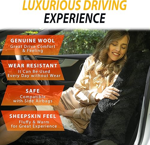 Miniatura 4 de ZONETECH Fundas de asiento de piel de oveja mullidas para asiento de automóvil, de lana merina australiana negra, accesorios de piel esponjosa,