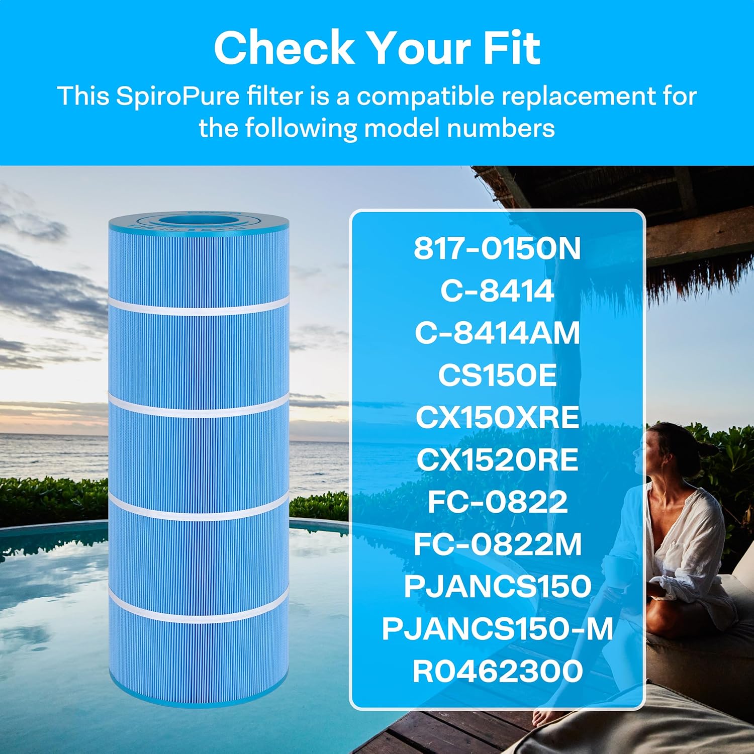 SpiroPure Replacement for Waterway 817-0150N Hayward CS150E CX150XRE Jandy CS150 Unicel C-8414 Pleatco PJANCS150 Filbur FC-0822 Blue Media Hot Tub Spa Pool Cartridge