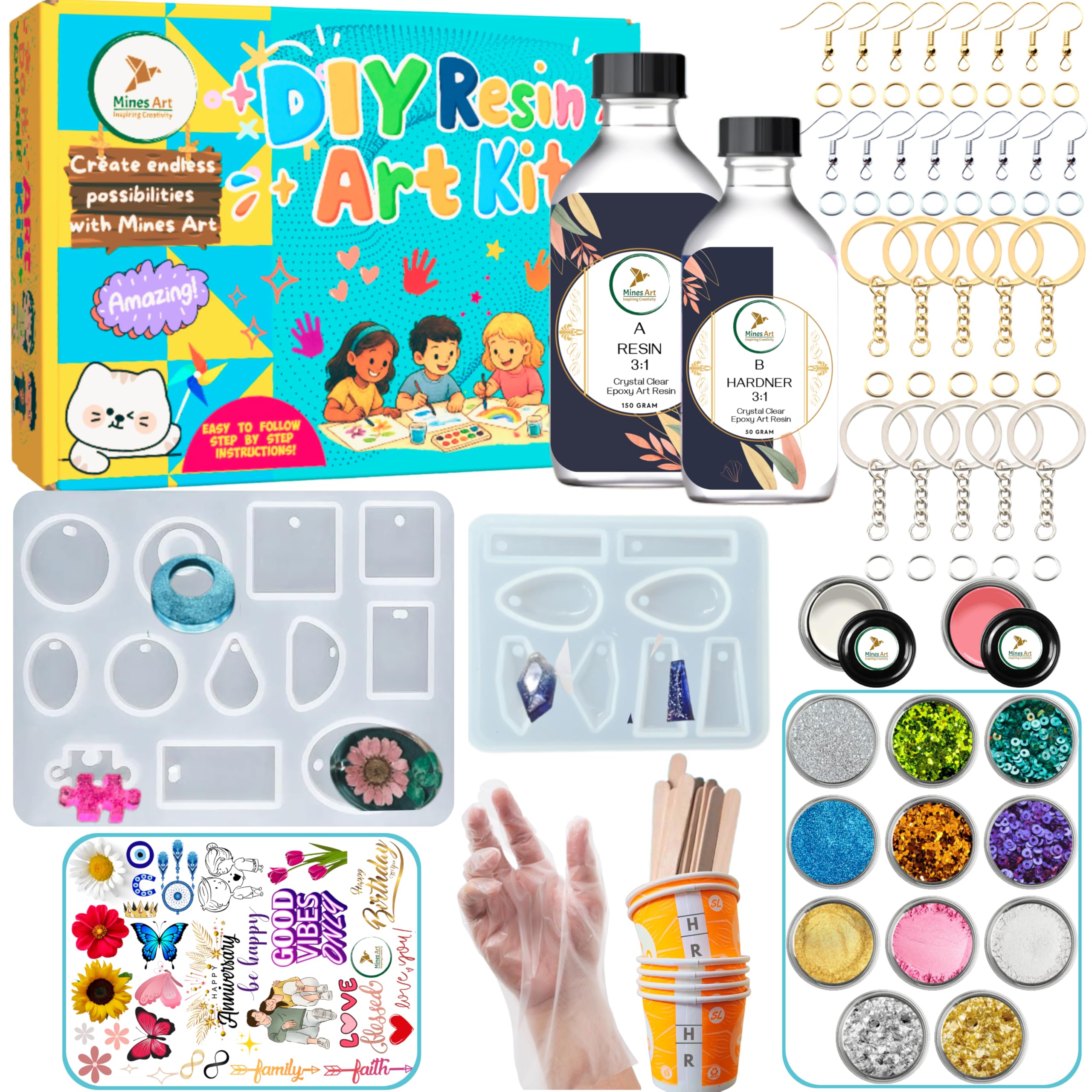 Mines Art Resin Art Kit with Moulds – Complete Resin Jewellery Making Kit for Keychains & Earrings – 200g 3:1 Epoxy Resin, 6 Glitter Colors, 3 Mica, 2 Pigments, Gold & Silver Flakes & More - (MRA - 123)