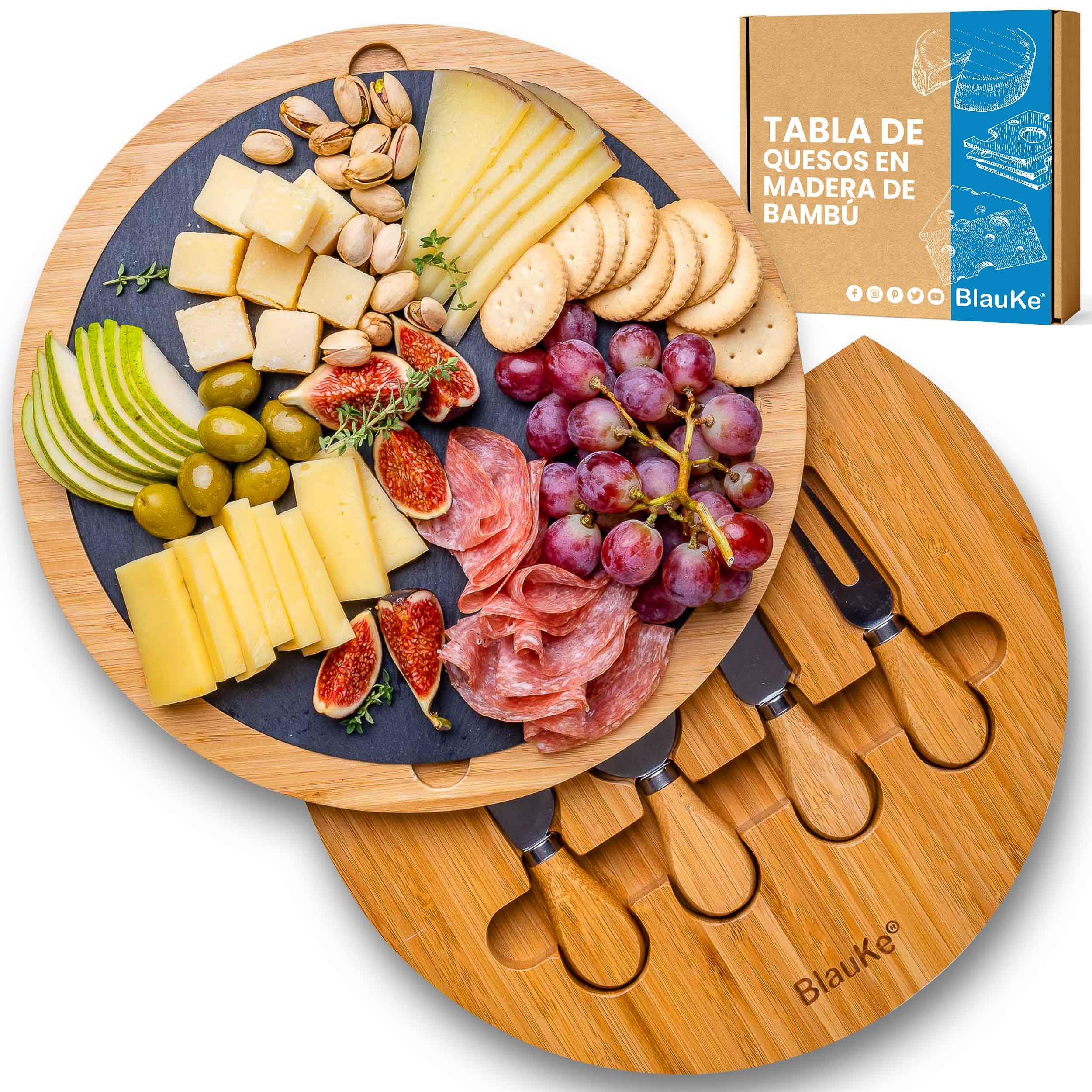 Tabla de Quesos con Utensilios e Plato de Pizarra – Bandeja de Madera para Queso Desayuno Aperitivo – Tabla de Madera de Bambú para Cortar Queso – Tabla de Cortar Cocina – Bandejas para Servir Comida