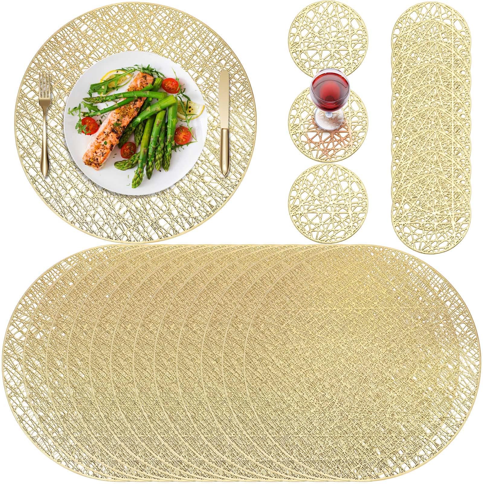 Round Pressed Vinyl Placemats Metallic Place Mat Coaster Set Including Placemats and Coasters Non Slip Heat Resistant Washable Hollow Table Mats for Dining Table Kitchen Decor (Gold, 80 Pcs)