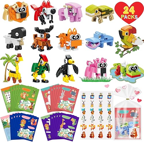 Regalos para el día de San Valentín para niños, 24 paquetes de bloques de construcción de animales con 24 paquetes de tarjetas de San Valentín para